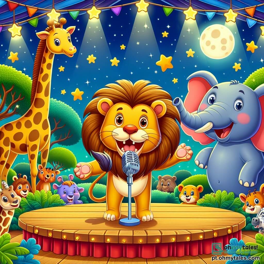 Um leão majestoso, chamado Leo, está em um palco de madeira no centro de um zoológico colorido, com uma expressão alegre e travessa no rosto, sua juba dourada brilhando sob a luz da lua. Ao seu lado, uma elegante girafa chamada Gigi, com grandes olhos suaves e um longo pescoço, canta alegremente, suas patas dianteiras apoiadas na borda do palco. Um elefante engraçado, Tico, com grandes orelhas e um sorriso radiante, está ao fundo, pronto para fazer uma apresentação cômica. O zoológico é repleto de cores vivas, com árvores luxuriantes, animais curiosos reunidos ao redor do palco e estrelas cintilantes no céu noturno. A cena mostra Leo anunciando o início de uma competição de talentos, cercado por risos e excitação, criando uma atmosfera festiva e alegre.