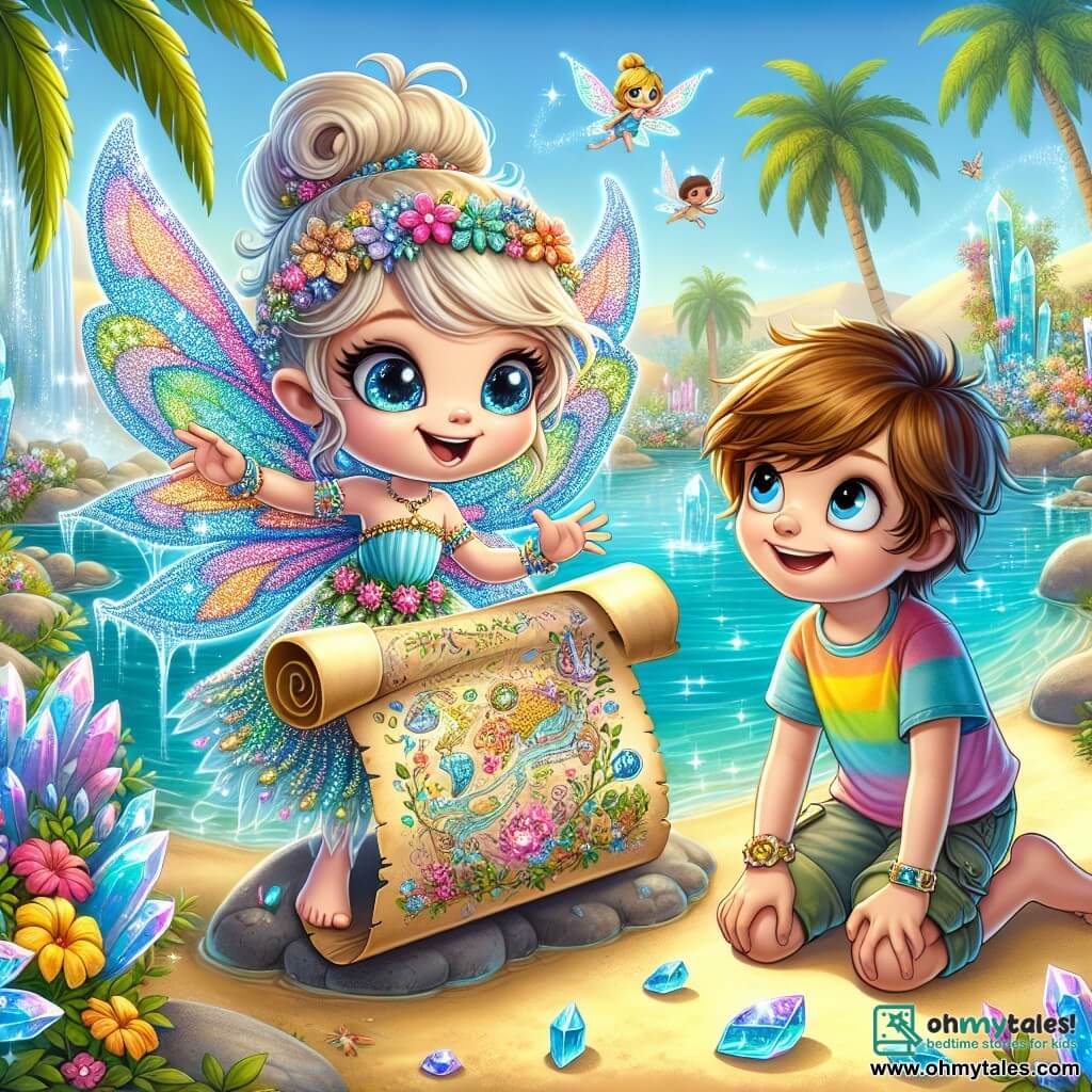 A small fairy named Luna, with shimmering pastel-colored wings and a dress made of flower petals, joyfully smiles while floating above an oasis. Her mischievous sparkling eyes shine with excitement as she holds an ancient magical map scroll in her delicate hands. Next to her, a young boy named Leo, around 10 years old, with messy brown hair, wearing a colorful t-shirt and canvas shorts, gazes at the map in wonder. He crouches by the crystal-clear water, his eyes wide open, absorbing every detail of the adventure ahead. The oasis is an enchanting place, surrounded by lush palm trees, vibrant flowers, and sparkling crystals reflecting the sunlight. The water is a bright blue, and colorful birds joyfully fly in the azure sky. The main scene shows Luna and Leo discovering the magical map scroll together, ready to embark on a new adventure through the mysterious desert, filled with excitement and curiosity.