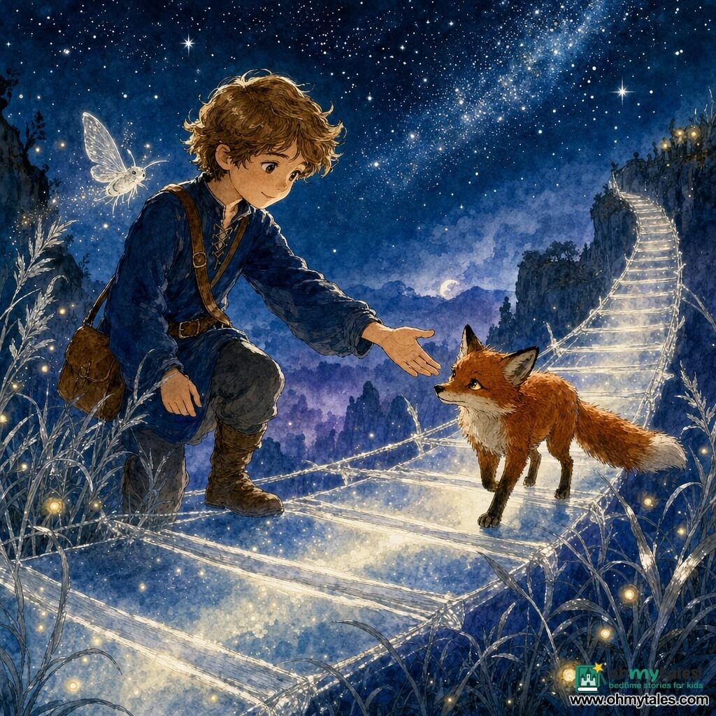 Elior, a gentle-faced young man with bright eyes and light chestnut hair, wearing a navy tunic and leather satchel, reaches out to help a small shy red fox with an amber gaze and slightly lowered bushy tail on a moonbeam-woven bridge of translucent planks glowing underfoot above a violet mist-filled valley; a silver moth with translucent, starlit wings flutters by his right shoulder, silver grasses and golden fireflies drift around, and a deep starry sky frames the scene — a boy aiding a little animal across a bridge of light at night in a fairylike setting with stark black contrasts and washes of navy, silver, and rust.