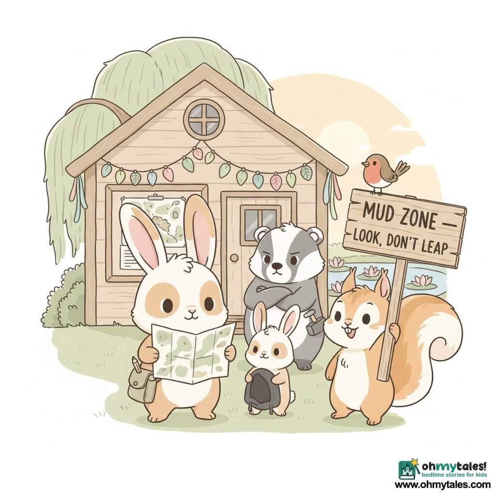 Hazel, a small detective rabbit with cream fur and brown patches, large floppy ears and a canvas satchel with a pencil, holds the damp but reassembled map between her paws with a determined, kind expression; Nib, a worried-yet-relieved young rabbit, stands beside her holding a dark hood, timid and contrite but helpful; Tilda, a lively little squirrel, grins while holding a painted wooden sign reading MUD ZONE — LOOK, DON’T LEAP, her bushy tail fanned; Pip, a tiny robin, perches on the corner of the sign, observant and curious; Bramble, a stocky, slightly gruff badger, stands behind with crossed paws, half-proud, half-grumpy and ready to plant stakes. Setting: in front of a small light-wood community hut with the noticeboard now covered by the repaired map, garlands of leaves and ribbons, a weeping willow and a pond with water lilies in the background. Main situation: the friends have just found and reassembled the festival map; calm cooperative gestures, relief and the start of the celebration. Palette and style: soft pastel palette (sage green, sky blue, beige, pale pink), gentle contrasts, warm late-morning light, clean lines, rounded shapes, subtle paper texture, centered composition, clean negative space, high-resolution kawaii-minimal readable style for print.