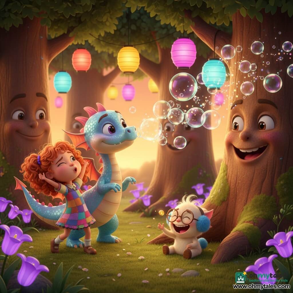 The main character is Bubbles, a young friendly dragon with sparkling eyes, small translucent wings and pink-and-pastel-blue shiny scales who blows shimmering colorful bubbles; Lucy, about eight, with copper curly hair in a multicolored patchwork dress, dances and makes funny faces to the left of the dragon; Tinklepuff, a tiny cream-furred creature with round glasses and blue ear-tips, sits at the base of the tickle tree laughing and holding a small glowing golden gem. In the background is the Giggly Glade—large smiling-trunk trees, soft green moss, singing purple flowers and floating lanterns. It's a comic performance: Lucy dances ridiculously while Bubbles showers sparkling bubbles that burst into light confetti, Tinklepuff laughs and offers the gem. Bright colors, warm contrasts, soft sunset light, smooth textures and rounded shapes for a warm, playful look.