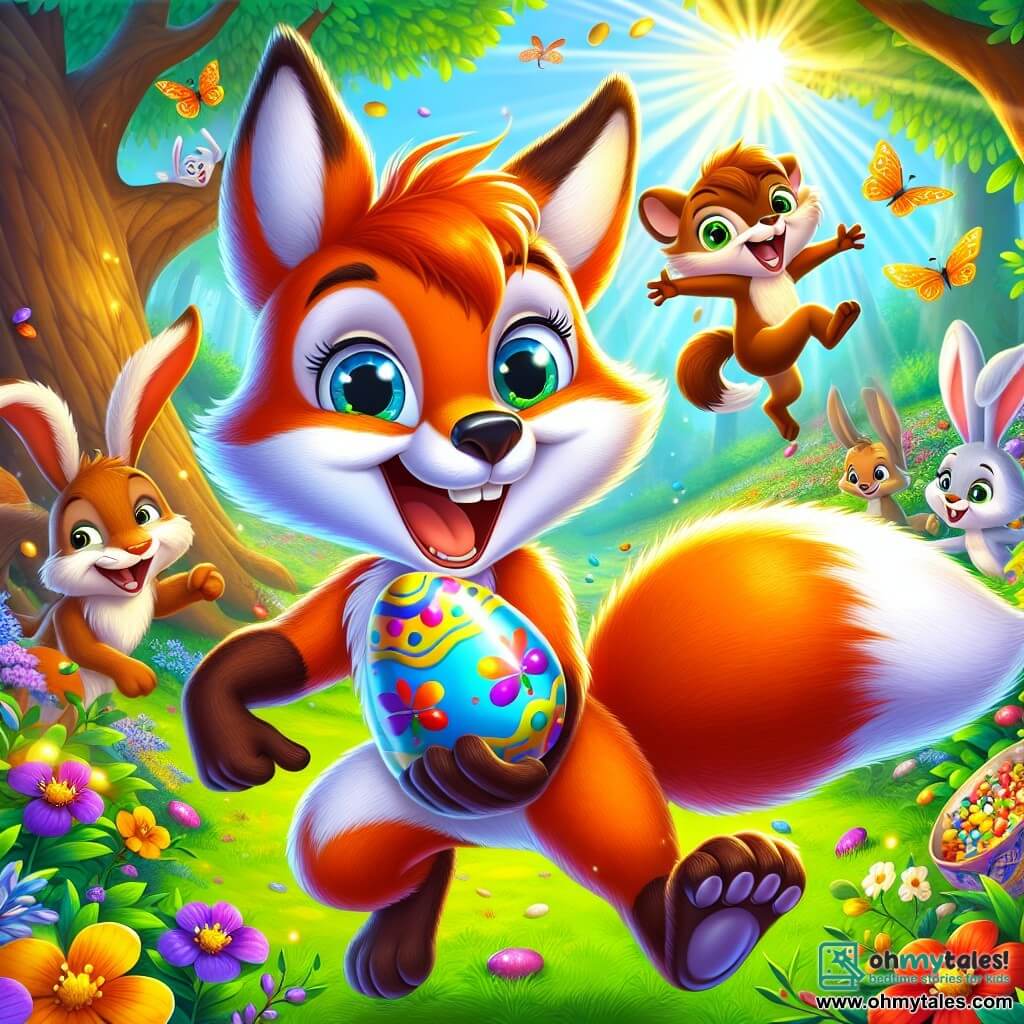 In a colorful and sunny forest, a little fox named Félix, with bright orange fur and a bushy tail, joyfully jumps while holding a shiny chocolate egg in his paws. His face shows great excitement and a beaming smile. Next to him, Bella, an adorable rabbit with big ears and white fur, dances energetically, her eyes sparkling with happiness. She holds a brightly decorated egg in her front paws. A bit further away, Sammy, a mischievous squirrel with brown fur and a small bushy tail, climbs a branch, laughing and cheering on his friends. The setting is filled with vibrant flowers, fluttering butterflies, and a majestic tree under which this joyful scene unfolds. Félix and his friends celebrate their victory after finding a giant chocolate egg, surrounded by a festive and cheerful atmosphere filled with laughter and bright colors.