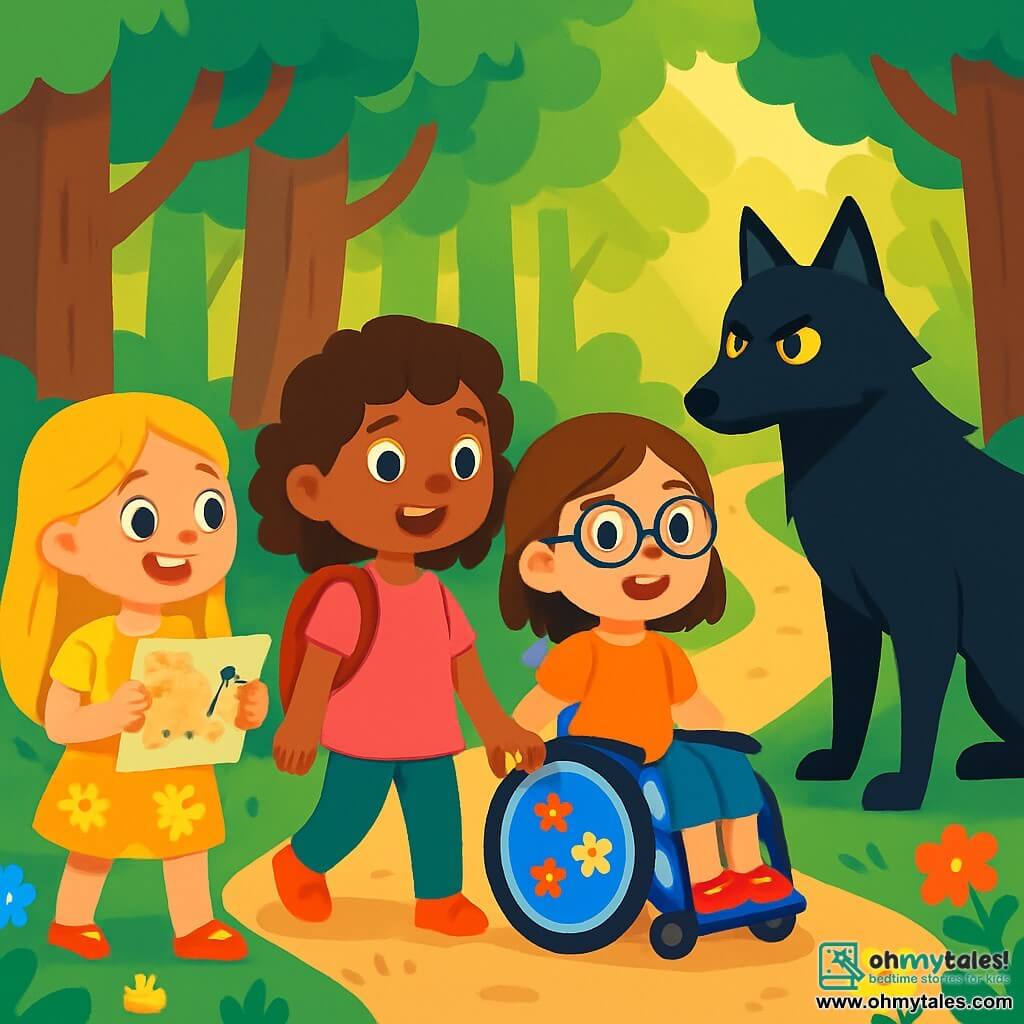 There are 4 characters: - Lily: an 8-year-old girl with long blonde hair and sparkling eyes. She wears a yellow floral dress and holds a treasure map. She stands on the left, looking excitedly towards the path. - Rosie: a 7-year-old girl with curly brown hair and a warm smile. She is dressed in a pink tunic and carries a small backpack. She stands in the center, slightly forward, ready to move ahead. - Mia: a 9-year-old girl with brown hair and round glasses. She is in a wheelchair decorated with colorful stickers. She is on the right, smiling and full of courage, watching the path. - The Big Wolf: a majestic wolf with shiny black fur and piercing yellow eyes. He stands slightly back on the path, with an imposing yet curious posture. The setting takes place in an enchanted forest, where tall trees with thick trunks rise towards the sky. The leaves form a green canopy, allowing golden rays of sunlight to illuminate the flower-strewn ground. A winding dirt path snakes through the trees, creating a magical and mysterious atmosphere. The main situation shows the girls facing the Big Wolf, who watches them with a serious yet intrigued expression. The girls, hand in hand, have determined faces, ready to solve the mystery of the wolf to continue their adventure.