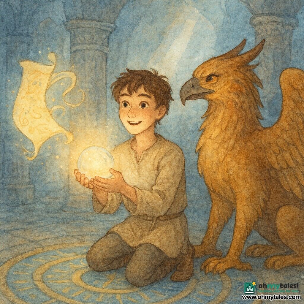 A young man of about 17 holds a glowing opaline time crystal with an awed, serene expression, wide eyes and calm smile, tousled brown hair, beige linen tunic and leather boots, arm extended toward the crystal's light; to his right stands a majestic griffon with tawny fur, folded wings tipped in gold and a protective gaze, one paw near the boy's foot; a luminous scroll floats to his left, translucent ribbons with gold motifs and tiny whispering letters; they stand in the heart of a stone-carved temple with large sculpted columns, a circular tiled floor like a clock with glowing blue runes and dust-filled beams of light — a peaceful moment of triumph as the crystal pulses warm light and casts soft shadows in a magical, ancient atmosphere.