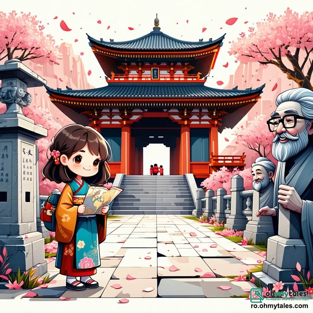 O fată de 12 ani, Alinea, se află în mijlocul unui templu japonez măreț, având părul brun și ondulat, purtând un kimono colorat împodobit cu flori de cireș. Fața ei exprimă uimire și curiozitate, iar ochii strălucitori îi examinează detaliile sculpturilor antice din jur. Lângă ea, bunicul ei, un bărbat în vârstă cu barbă căruntă și ochelari, zâmbește mândru ținând o hartă a templului, în timp ce bunica, o femeie blândă cu părul argintiu, face fotografii cu un aparat foto vintage, surprinzând momentul magic. Locația este un templu tradițional japonez, cu acoperișuri în pagodă, felinare din piatră și cireși înfloriți care creează o atmosferă de basm, totul fiind iluminat de lumina aurie a soarelui apunând. Situația principală o arată pe Alinea descoperind o mică cutie din lemn împodobită cu motive japoneze, pe care a găsit-o sub un cireș, simbolizând începutul aventurii ei și căutarea cunoștințelor despre cultura japoneză.
