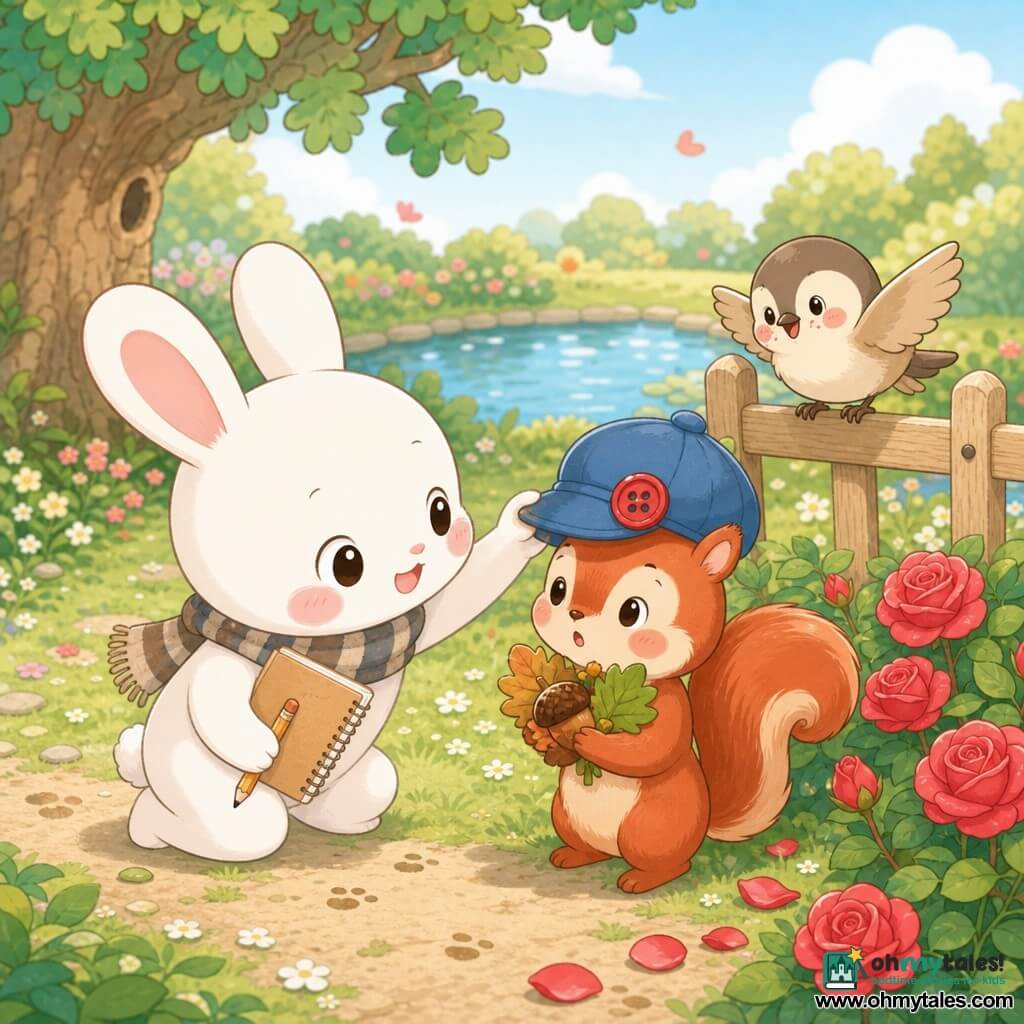The main character is a small white rabbit with large round ears, a joyful proud expression, wearing a blue hat with a big red button, a striped detective scarf, holding a notebook and pencil, crouched in front of a bush retrieving his hat; a glossy red squirrel with a surprised, sheepish look stands before him with the hat crooked on its head and paws full of leaves and a shiny acorn; a small plump tit with beige plumage and red beak spots perches on a wooden fence to the right, curious and slightly flapping its wings; the scene is a sunny colorful garden with soft green grass, a round reflective pond, a large oak to the left, a red rose bush with some fallen petals and a small dirt path with footprints and white tufts—a tender, light reunion as the rabbit reclaims his hat amid sharing and apologies, warm atmosphere, bright pastel colors, rounded shapes and simple outlines.
