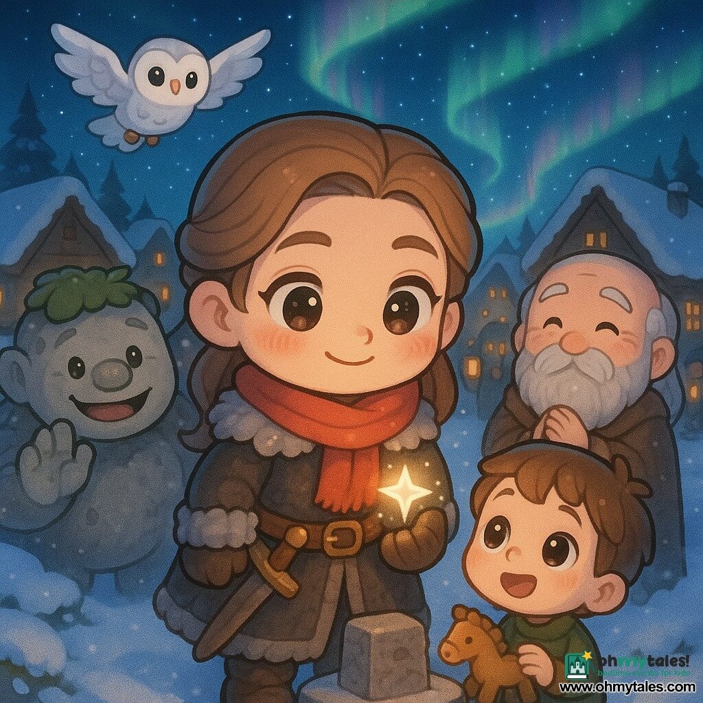 A woman — Brynja, the heroine — wears a dark fur-trimmed leather coat, a bright red scarf, a short sword at her belt and holds a small silver star charm glowing pale in her left hand, her face soft and proudly relieved with shining eyes and a small smile; a boy, Toma (about 6), round-faced and amazed, plays with a wooden horse at Brynja’s right in the foreground, looking at the star with admiration; an elderly village elder (about 70) with warm wrinkles and a long gray beard stands behind Brynja near a simple stone altar, hands clasped and eyes wet with joy; a gentle troll, Grum, large and round with stone-gray skin and moss on his head, timidly waves from the snowy path at left; a white owl, Sova, flies just above Brynja with wings spread, seeming to guide the group. The setting is a wooden village of snow-covered roofs around a central square with a stone altar, the snow bright under a deep night sky streaked with green, blue and pink auroras; Brynja has just returned the silver star to its case on the altar, color-filled light rising in waves as villagers gather with lanterns, the mood warm, peaceful and wondrous. Color palette: cool blues and whites for snow, warm reds and golds for clothing and lanterns, soft silver glow for the charm and green/pink aurora ribbons. Visual style: chibi kawaii with rounded proportions, oversized heads, simplified features and shiny eyes, soft textures and gentle bright lighting, composition centered on Brynja and the altar.