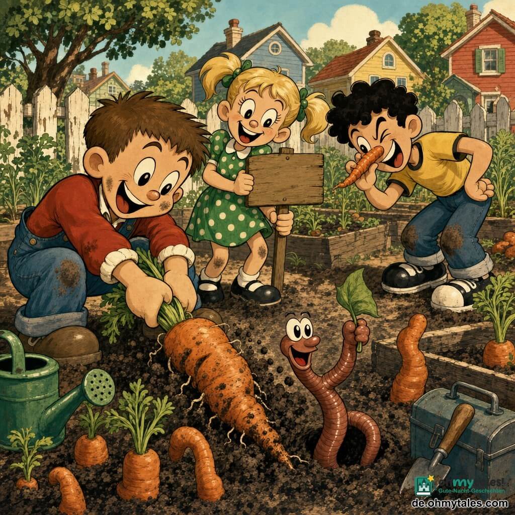 Vier Figuren im Gemeinschaftsgarten an einem sonnigen Nachmittag: Max, etwa 9, braune Kurzhaare, rote Jacke und Jeans-Latzhose, links hockend und zieht lachend eine große, raue orange Karotte aus der dunklen Erde; Emma, etwa 8, blonde Zöpfe, grünes gepunktetes Kleid, in der Mitte mit einem Schild „Karottenwachstum in Arbeit!“ und lachend zur Karotte schauend; Paul, etwa 9, lockige schwarze Haare, gelbes T‑Shirt, rechts vorgebeugt und mit Grimasse hält er eine verdrehte Karotte wie eine „Nase“; Karotti, ein großer glänzend braunroter Regenwurm, lugt aus einem Loch, scharrt Erde und winkt mit einem Blatt. Die Beete sind von verwitterten Holzplanken eingefasst, im Hintergrund bunte Gartenhäuschen und Laubbäume, einige Gartengeräte liegen herum; fröhliche, feste Atmosphäre mit unregelmäßig geformten orangen Karotten, erdigen Spritzern, lebendigen Farben und rund-exagriertem Retro-Cartoon-Stil.