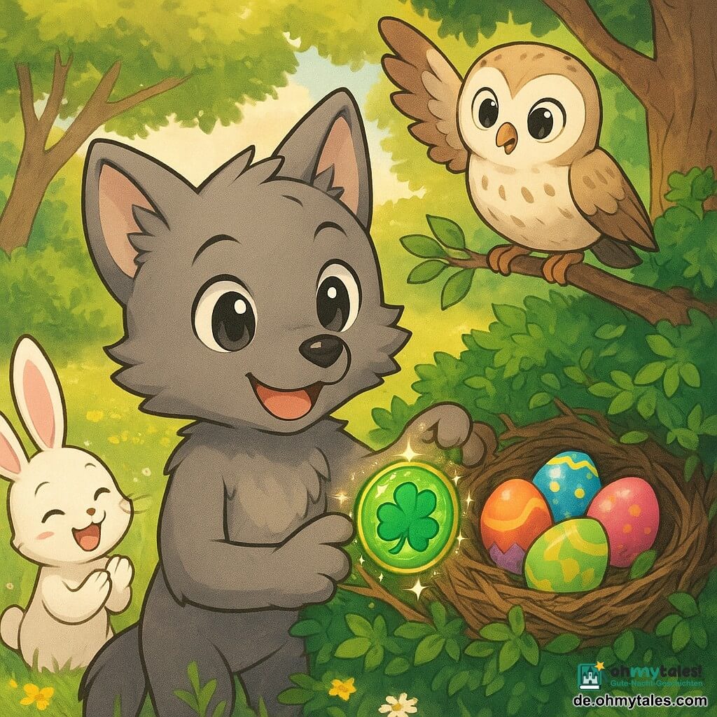 Die Hauptfigur ist ein kleiner anthropomorpher Wolf (jung, graues weiches Fell) mit rundem Gesicht und großen leuchtenden Augen, staunendem, fröhlichem Ausdruck, der ein grün schimmerndes buntes Abzeichen hält und Zweige beiseite schiebt, um ein Nest zu enthüllen; die zweite Figur ist eine kleine Eule (cremebeige mit braunen Flecken), auf einer Ast über dem Wolf sitzend, mit neugierigen runden Augen, leicht gespreizten Flügeln, sie lächelt und zeigt mit dem Schnabel auf das Nest; eine dritte Figur, ein fröhlicher weißer Hase mit rosa Ohren, klatscht aufgeregt etwas zurück links in der Lichtung; die Szene spielt auf einer Frühlingswiese an dichten Brombeerbüschen und hohen Laubbäumen, grünes Gras mit gelben Blumen und Gänseblümchen, warmes Spätnachmittagslicht und Funkeln um das Abzeichen; gezeigt wird die Entdeckung eines in einem großen Dornbusch versteckten Nests mit bunten Ostereiern, magische, freundliche Stimmung, leuchtende Farben, Komposition zentriert auf das Abzeichen und das enthüllte Nest.