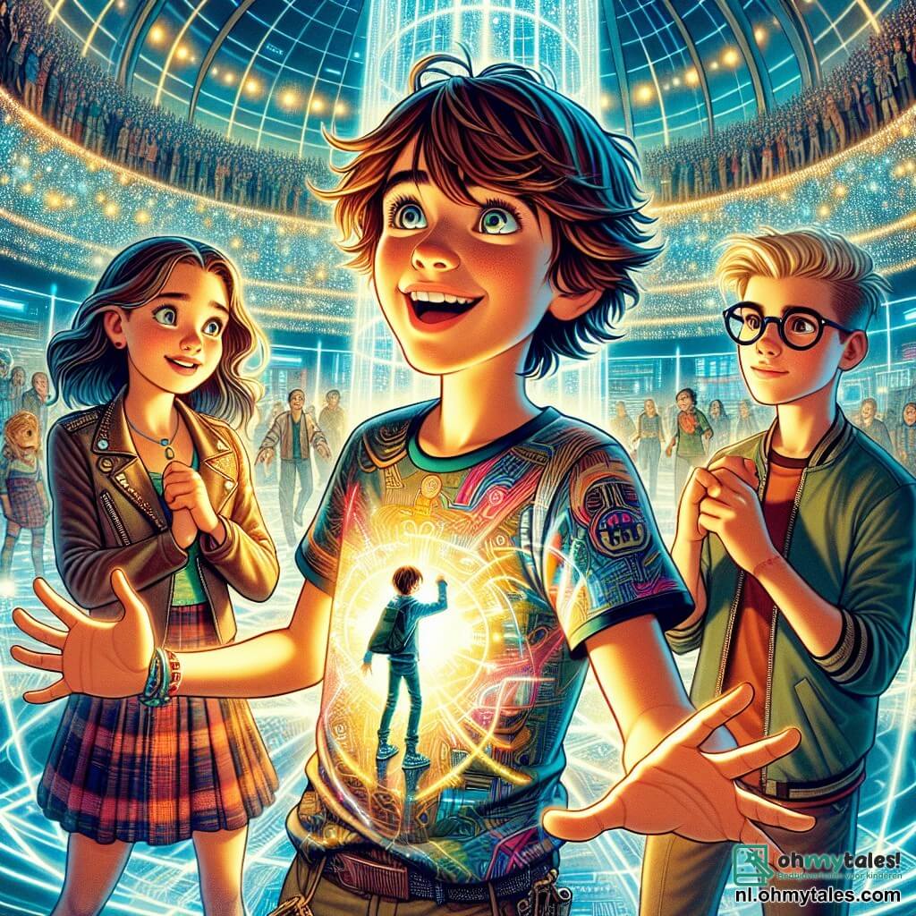 Een 11-jarig jongen, Finn, met rommelig kastanjebruin haar en nieuwsgierige ogen, staat in het midden van de afbeelding met zijn armen wijd open, vol opwinding. Hij draagt een kleurrijk t-shirt met futuristische patronen en een korte broek, omringd door glinsterende technologische gadgets. Naast hem staat zijn beste vriendin Lila, een 11-jarig meisje met lang blond haar en een vastberaden uitdrukking, die een klein lichtgevend apparaat in haar handen houdt, klaar om het te gebruiken. Iets verderop observeert Aiden, een 12-jarig jongen met een stijlvolle jas en een bril, aandachtig de scène, met zijn ogen gericht op de mysterieuze energie die uit een grote machine komt. De locatie is de majestueuze Toren van Kracht, een futuristische glazen en stalen structuur met glinsterende lichten en holografische schermen die energiegegevens weergeven. Luminescente planten klimmen langs de muren en creëren een magische en technologische sfeer. De hoofdactie toont Finn, Lila en Aiden die een enorme pulserende machine in het midden van de kamer ontdekken, die een kleurrijke en levendige energie uitstraalt. Ze staan op het punt het mysterie van de energiebron op te lossen die hun stad beïnvloedt, met uitdrukkingen van vastberadenheid en verwondering op hun gezichten.