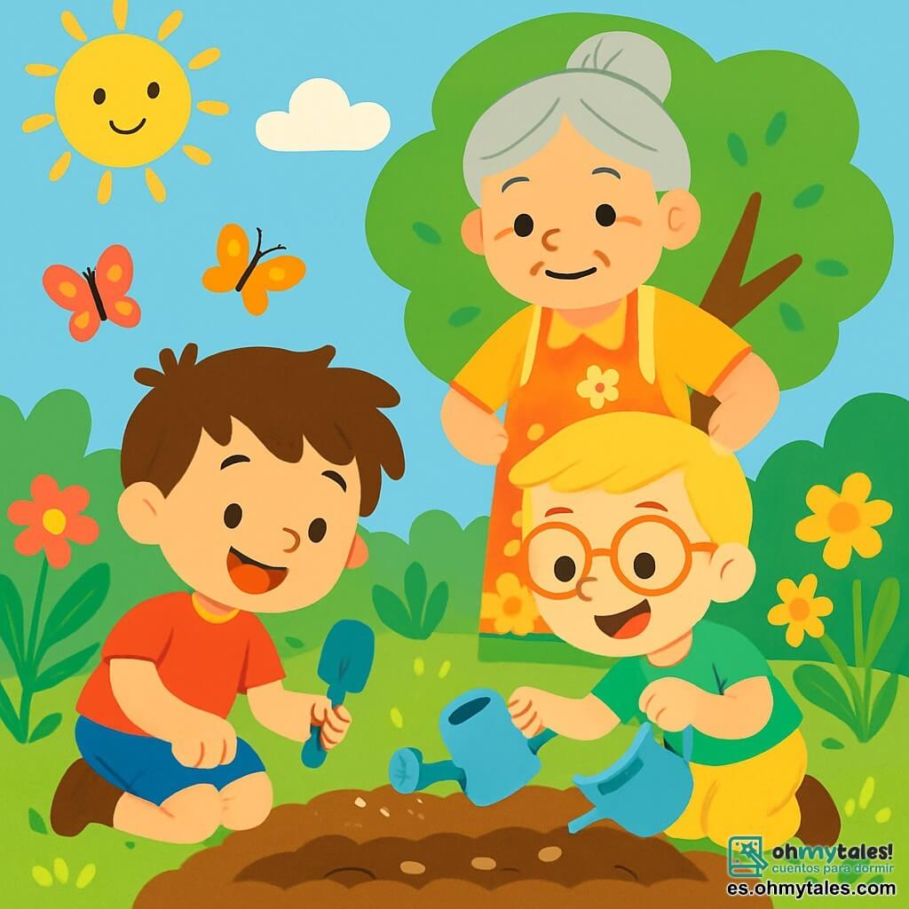 Hay 3 personajes: - Martín: un niño de 6 años, con el pelo castaño desordenado, lleva una camiseta roja y un pantalón corto azul. Está bajo el sol, sonriendo y sosteniendo una pequeña pala. - Lucas: un niño de 5 años, con el pelo rubio y gafas, viste una camiseta verde y pantalones beige. Está al lado de Martín, sosteniendo un pequeño regador, con los ojos brillantes de emoción. - Abuela: una mujer mayor, con el pelo gris recogido, lleva un delantal de flores. Se encuentra detrás de los niños, sonriendo, con las manos en las caderas, observando con orgullo a los niños. El lugar es un jardín soleado, lleno de flores coloridas, grandes árboles verdes y un pequeño huerto bien cuidado. Mariposas vuelan alrededor de las flores, y un cielo azul claro se extiende arriba, salpicado de algunas nubes blancas. La situación principal muestra a Martín y Lucas plantando semillas en la tierra suelta, con Abuela animándolos. Los niños están concentrados, cavando agujeros con sus pequeñas palas, mientras Abuela les muestra cómo regar las semillas con cuidado. Los colores vivos y alegres del jardín crean una atmósfera de felicidad y aprendizaje.