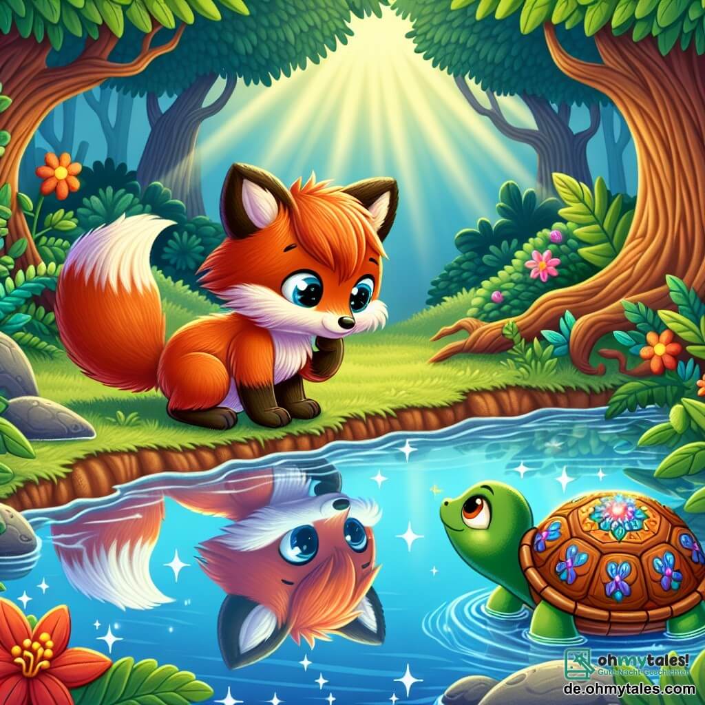 Ein kleiner, leuchtend roter Fuchs mit neugierigen Augen steht am Ufer eines glitschigen Baches und betrachtet mit einem bewundernden Lächeln sein Spiegelbild im klaren Wasser. Er wirkt nachdenklich, als hätte er eine große Wahrheit über sich selbst entdeckt. In der Nähe ruht eine weise Schildkröte mit einem bunten, gemusterten Panzer auf einem Stein und beobachtet den Fuchs mit einem wohlwollenden Blick und einem leichten Lächeln, als wüsste sie, dass der kleine Fuchs kurz davor ist, eine große Entdeckung zu machen. Die Szenerie ist ein verzauberter Wald mit majestätischen Bäumen, leuchtend grünen Blättern, bunten Blumen, die im Wind tanzen, und Sonnenstrahlen, die durch die Äste filtern und eine magische, friedliche Atmosphäre schaffen. Die Hauptsituation zeigt den Fuchs, der sein Spiegelbild im Wasser betrachtet und erkennt, dass die Wahrheit, die er sucht, in ihm selbst liegt, umgeben von der Schönheit der Natur und der Weisheit der Schildkröte.