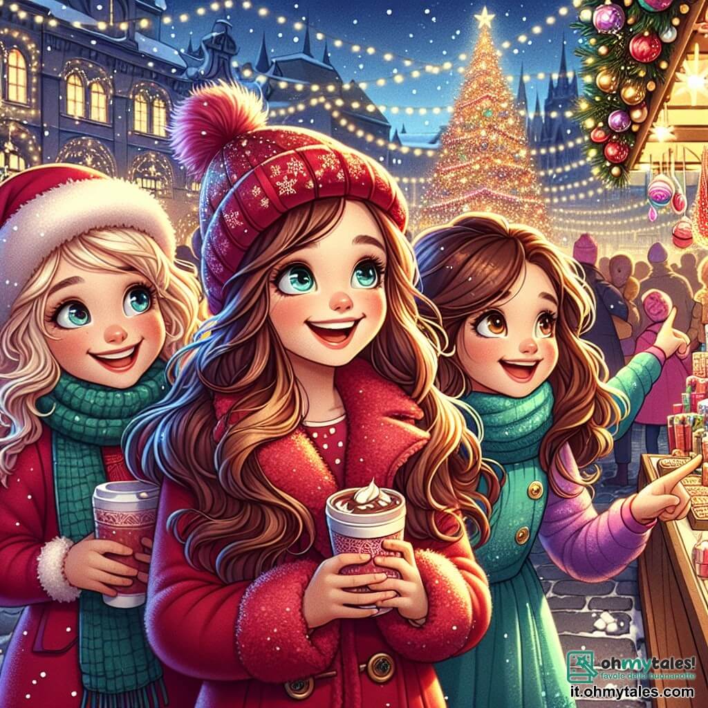 Tre ragazze di nove anni, Sofia, Marta e Giulia, si trovano al centro di un vivace mercatino di Natale. Sofia ha lunghi capelli castani e indossa un cappotto rosso con un berretto abbinato. Sorride mentre tiene una tazza di cioccolata calda. Alla sua destra, Marta ha capelli biondi e ricci, indossando una sciarpa verde, ammira una decorazione natalizia scintillante. A sinistra, Giulia, con capelli castani e un vestito blu, indica un grande albero di Natale illuminato, meravigliata. Il mercatino è decorato con luci e fiocchi di neve che cadono dolcemente. Gli stand colorati offrono dolci, giocattoli e ornamenti, mentre un grande albero brilla al centro, circondato da famiglie felici. Le tre amiche, entusiaste, cercano insieme il regalo perfetto per le loro famiglie, ridendo e ballando al ritmo delle canzoni di Natale che risuonano nell'aria fresca e festosa.