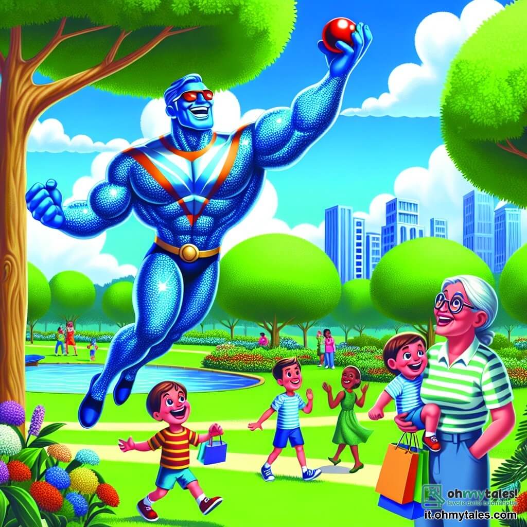 Un supereroe di nome Gigante Blu, un uomo alto e muscoloso con la pelle blu brillante e un grande sorriso, vola nel cielo. Indossa un mantello scintillante che brilla al sole, e la sua espressione è gioiosa e determinata mentre tende la mano per afferrare una palla rossa incastrata in un albero. Sotto, un bambino di circa 7 anni, con capelli castani e occhi brillanti, guarda con meraviglia. Indossa una maglietta a righe e pantaloni corti, sorridendo felice di vedere il suo eroe. Accanto a lui, una signora anziana di circa 70 anni, con capelli grigi e occhiali, tiene diversi sacchetti della spesa. Sembra grata e sorridente, osservando Gigante Blu con ammirazione. La scena si svolge in un parco verdeggiante, con grandi alberi dalle foglie lucenti e fiori colorati lungo un sentiero. Il cielo è blu con alcune nuvole bianche e soffici, e i bambini giocano intorno, aggiungendo un'atmosfera gioiosa all'illustrazione. La situazione principale mostra Gigante Blu mentre salva la palla del bambino incastrata nell'albero, illustrando il suo ruolo di supereroe benevolo pronto ad aiutare chi ne ha bisogno.
