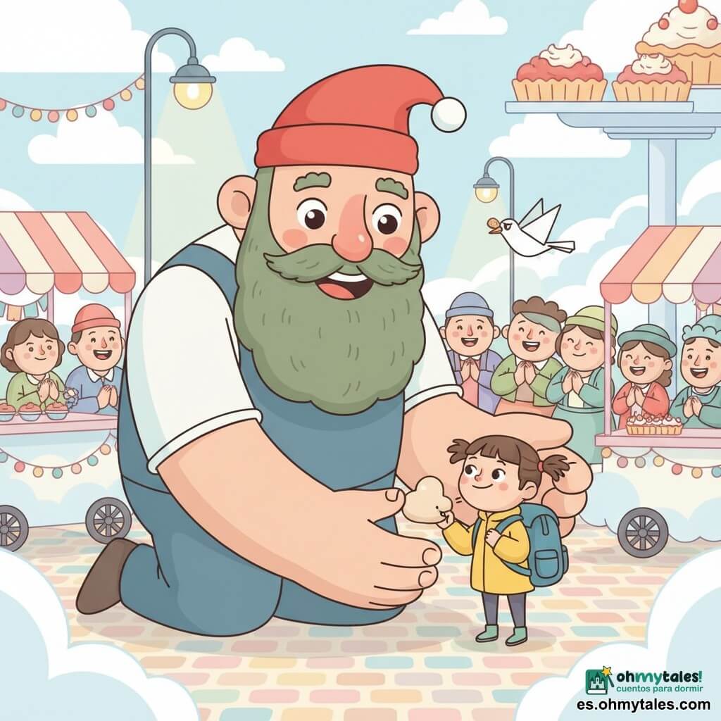 Un gigante masculino llamado Goroldo, enorme y dulce, con amplia sonrisa, ojos brillantes, barba verde y gorro rojo, arrodillado y con la mano suavemente sobre una niña de 8 años llamada Lía; ella tiene dos coletas desiguales, chaqueta amarilla y gran mochila azul, sostiene un pequeño «nariz-nube» mullido en el hombro izquierdo y mira al gigante mientras un pajarito de papel blanco con una migaja en el pico vuela a su lado; al fondo, comerciantes y clientes sonrientes junto a puestos en un mercado flotante sobre nubes con calles brillantes, guirnaldas y tonalidades pastel; escena tierna y cómica tras un pequeño caos, texturas mullidas, formas redondeadas y estilo gráfico de contornos gruesos, sombras planas y colores vivos pero suaves, composición centrada en el contraste de tamaños.