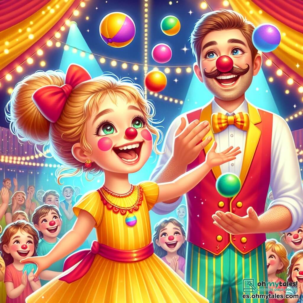 Una niña de 6 años, llamada Sofía, con grandes ojos brillantes y una sonrisa radiante, lleva un vestido amarillo brillante y un gran lazo rojo en el cabello. Está riendo mientras lanza una pelota de colores al aire, llena de energía y alegría. A su lado, un hombre alto y delgado, de unos 30 años, llamado Pepe, con un gran bigote y una nariz roja de payaso, está haciendo malabares con pelotas multicolores, sonriendo amablemente. Detrás, una gran carpa de circo de colores vivos, con rayas rojas y amarillas, está decorada con luces brillantes. Espectadores de todas las edades están sentados en bancos de madera, aplaudiendo y riendo, creando un ambiente festivo. La escena principal muestra a Sofía, feliz, intentando hacer malabares con las pelotas bajo la mirada cariñosa de Pepe, en una atmósfera mágica y llena de risas, capturando el espíritu del circo.