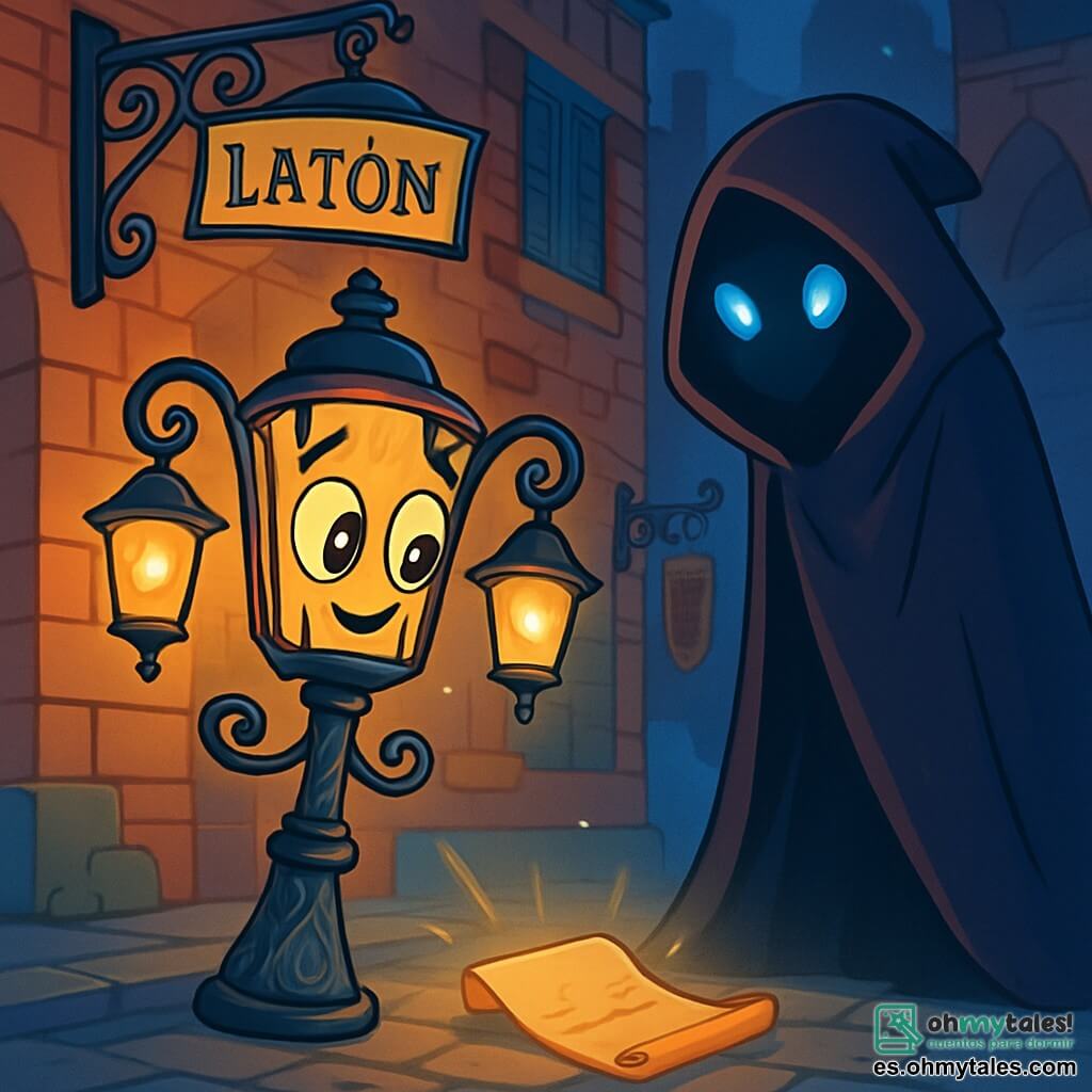 Lumio, una farola de hierro forjado, se erige orgullosamente en medio de la noche, sus bombillas centelleantes emitiendo una luz dorada y cálida. Tiene ojos brillantes y curiosos, y su cuerpo está adornado con delicados patrones, mientras observa con una expresión de asombro y determinación. Cerca, una criatura misteriosa, alta y encapuchada, se encuentra en la sombra, sus ojos de cristal brillando con un resplandor enigmático. Parece desconfiada pero intrigada, observando a Lumio con una intensidad palpable. El escenario es una calle adoquinada de la ciudad de Latón, flanqueada por edificios de ladrillo antiguo, con ventanas de contraventanas coloridas y letreros de hierro forjado. La ligera bruma envuelve la atmósfera, creando un ambiente mágico y misterioso. La situación principal muestra a Lumio descubriendo un antiguo pergamino caído al suelo, iluminado por su luz dorada, mientras la criatura encapuchada se acerca lentamente, lista para revelar un secreto oculto.