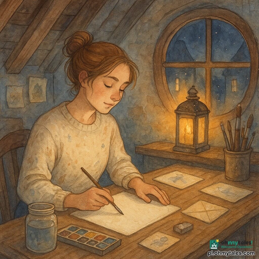 Artystka Lena siedzi w rogu poddaszowego atelier, skupiona i pogodna, z łagodną twarzą, zmęczonymi lecz błyszczącymi oczami i jasnobrązowymi włosami związanymi w niedbały kok; ma na sobie kremowy wełniany sweter poplamiony farbą i ciemnoniebieskie spodnie, trzyma wilgotny pędzel nad białą kartką na dużym drewnianym biurku; obok stoi mętny słoik z wodą, pudełko akwareli, otwarty szkicownik z ołówkowymi szkicami, zmazywana gumka oraz złożona koperta i mała rysowana kartka; nad parapetem stoi stara metalowa latarnia "Latarnia Kolorów" emitująca drżące żółto‑pomarańczowe światło z delikatnymi, wyblakłymi halo; poddasze ma odsłonięte belki i przetarte deskowe podłogi, okrągłe okno z widokiem na nocną ulicę i latarnię, a wokół panuje uroczy artystyczny nieład; scena pokazuje Lenę wybierającą kolejny gest twórczy, gotową obudzić latarnię, w cichej, intymnej i pełnej nadziei atmosferze.