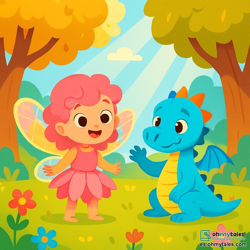 Lila, una pequeña hada con alas brillantes de colores pastel, está de pie en el centro de un claro soleado, con los ojos abiertos de curiosidad y una sonrisa alegre en su rostro. Tiene el cabello rizado de color rosa y lleva un vestido hecho de pétalos de flores. A su lado, un dragón azul con escamas brillantes, grandes ojos tiernos y una expresión tímida, levanta una pata para saludar. Está sentado en la hierba verde, un poco apartado, observando a Lila con esperanza. El lugar es un hermoso claro rodeado de árboles majestuosos con hojas doradas, con flores coloridas que bailan al viento. Los rayos de sol filtran a través de las ramas, creando un juego de sombras y luces en el suelo. La situación principal muestra a Lila y al dragón encontrándose por primera vez, con Lila dudando pero lista para recibir a este nuevo amigo, mientras el dragón espera con una mezcla de emoción y aprensión.