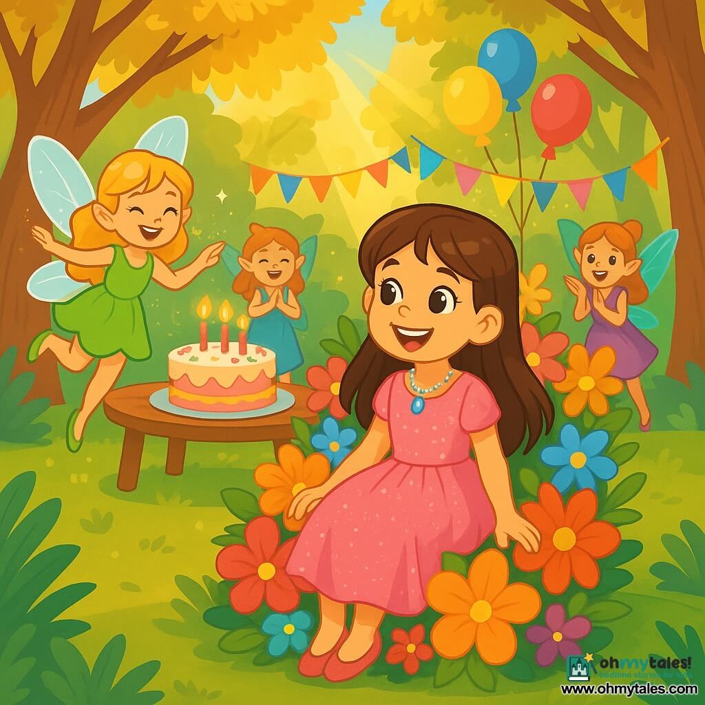 An 8-year-old girl with long brown hair and sparkling eyes is sitting on a throne of colorful flowers, smiling in wonder. She wears a pink dress adorned with glitter and a crystal necklace that shines in the sunlight. Next to her, a fairy with translucent, shimmering wings, golden hair, and a green dress dances joyfully, adding a touch of magic to the scene. In the background, a group of brightly colored fairies with beaming smiles enjoy themselves around a large table decorated with colorful cakes, balloons, and garlands. The setting is an enchanted clearing surrounded by majestic trees with golden leaves, with sunlight filtering through the branches, creating a fairy-tale atmosphere. The main scene shows the girl celebrating her birthday surrounded by her fairy friends, laughing and singing joyfully, while a large birthday cake with lit candles takes center stage at the party.