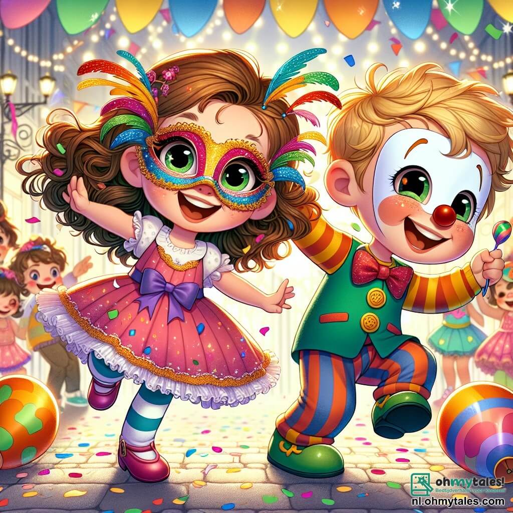 Een klein meisje van 3 jaar, Lotte, met bruine krullen en sprankelende ogen, draagt een mysterieuze masker dat in de zon glinstert. Ze danst met een grote glimlach, haar armen wijd open, omringd door felle kleuren en zwevende confetti. Naast haar staat haar vriend Tim, een 4-jarige jongen met rommelig blond haar en een lachende clown, die een kleurrijk clownmasker draagt. Hij lacht terwijl hij vrolijk springt, met een dierenballon in zijn hand. De achtergrond is een drukke straat, vol carnavalversieringen: kleurrijke vlaggen, zwevende ballonnen en fonkelende lichten die de feestelijke sfeer verlichten. Kinderen en volwassenen dansen en hebben plezier om hen heen, waardoor een vrolijke en levendige ambiance ontstaat. De hoofdscène toont Lotte en Tim die samen plezier hebben op het carnaval, omringd door muziek en gelach, terwijl ze de magie van het feest ontdekken en gelukkige momenten delen.