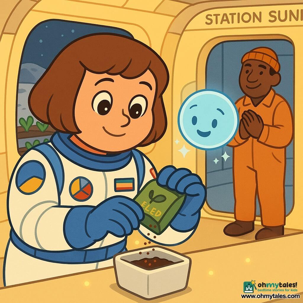 A calm smiling female pilot with chin‑length chestnut hair in a white-and-blue spacesuit with colorful patches gently holds a small green seed box and gazes at it; a pale-blue holographic computer named Dot, a glowing smiling face with tiny sparks, floats by her left wrist; a middle-aged man in orange overalls and a beanie stands a few steps away by a large window, applauding softly. They are in Station Sunny, a bright cream-and-yellow interior airlock with rounded windows overlooking a lunar garden of pots and dark soil. The woman pours the seeds into a white square pot on a smooth table under warm soft lights. The scene uses soft pastel colors, clean rounded lines, warm lighting and simple child-friendly graphics.