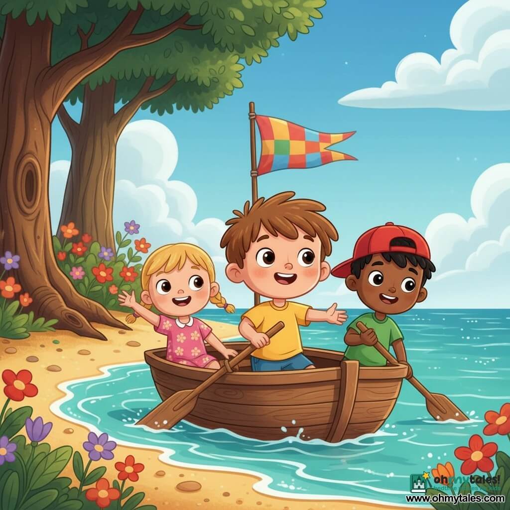 Two-year-old Max, round-faced with tousled chestnut hair, big bright eyes and a confident smile, wearing a yellow T‑shirt and blue shorts and holding a small wooden oar while looking toward the horizon with a brave, joyful expression; Lily, about four, with blond pigtails in a pink floral dress, sits front-left waving and smiling; Ben, about five, with short black hair, a red cap and green T‑shirt, rows energetically at the rear-right. They are in a simple wooden dinghy tied at a golden-sand beach lined with giant gnarled trees and red, orange and purple flowers, calm turquoise sea with small sparkling waves and a light blue sky with a few fluffy clouds. Centered composition, bright reassuring atmosphere, soft lines, vivid contrasting colors, simple textures and rounded shapes suitable for toddlers.