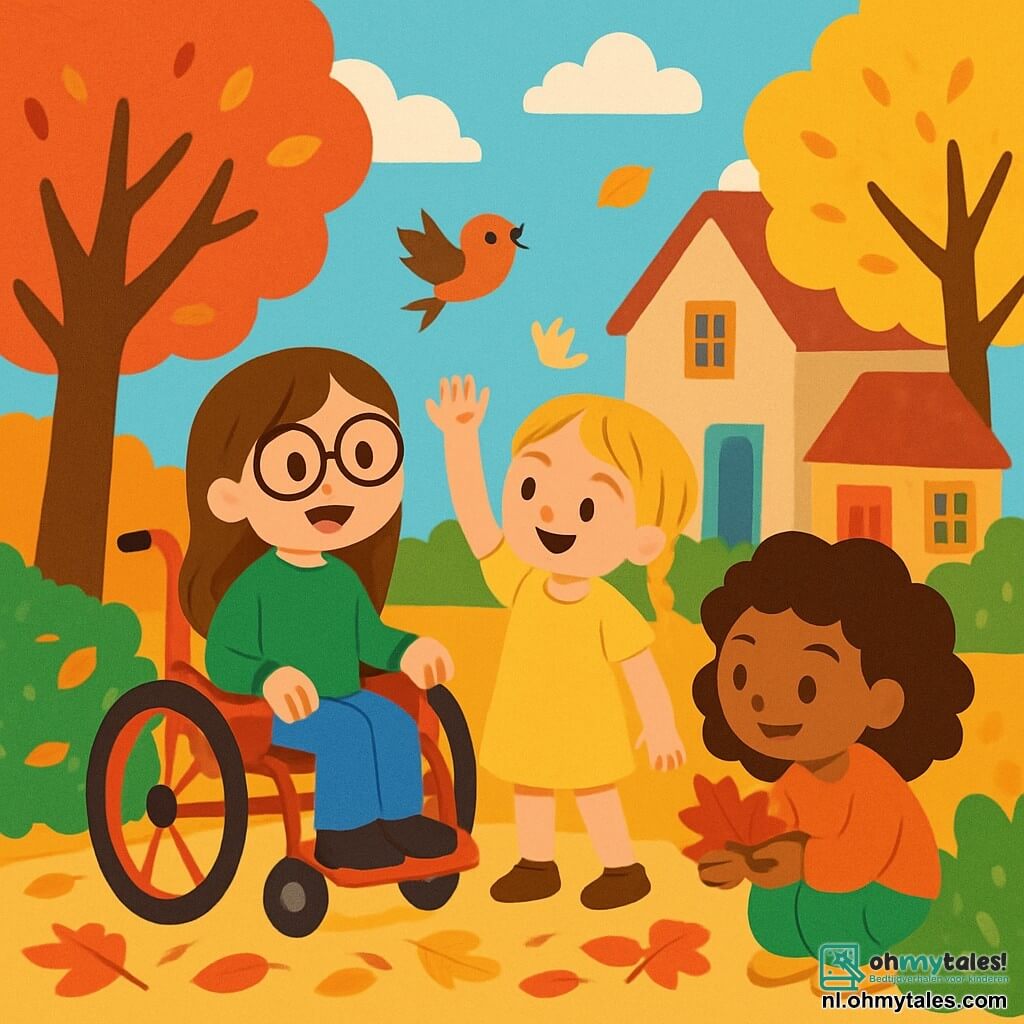 Er zijn 3 personages: - Emma: een 6-jarig meisje met lang bruin haar en een bril. Ze zit in een mooie rode rolstoel, glimlachend en kijkt naar de anderen. - Noor: een 7-jarig meisje met blonde vlechten en een gele jurk. Ze staat naast Emma en steekt haar hand op om een vogel te groeten. - Lila: een 6-jarig meisje met krullend haar en een oranje trui. Ze zit voor een struik en houdt een herfstblad in haar handen. De locatie is een charmant dorp in de herfst, met bomen met rode, gele en oranje bladeren die zachtjes vallen. De grond is bedekt met kleurrijke bladeren en er zijn stenen huizen met kleurrijke luiken. In de verte is er een grote blauwe lucht met witte wolken. De situatie toont de drie kinderen die het dorp verkennen, Emma in haar rolstoel, Noor die een vogel groet en Lila die een blad bewondert. Ze lachen samen, omringd door de schoonheid van de herfst, wat een vrolijke en warme sfeer creëert.