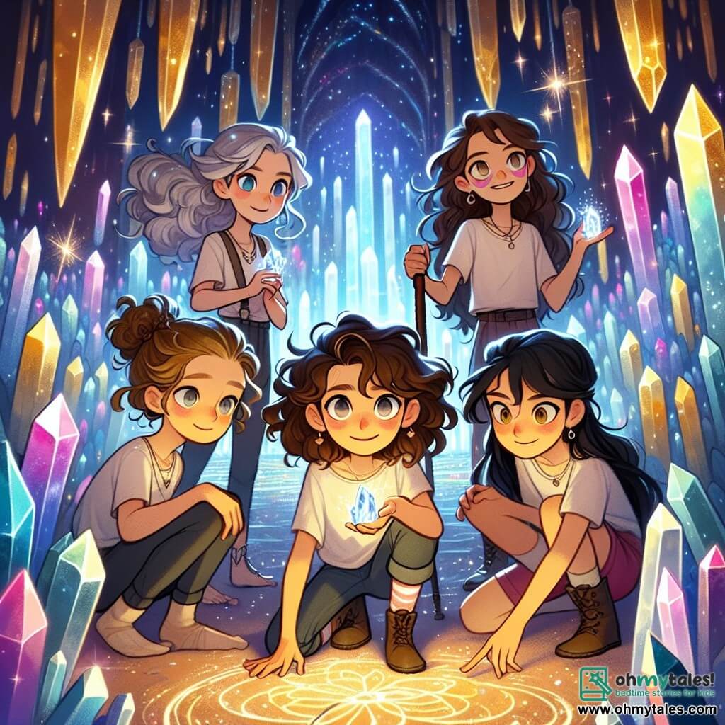 Four young girls stand bravely in a vast crystal chamber, surrounded by shimmering walls reflecting vibrant colors. Lyra, a 10-year-old with curly brown hair, is at the center, her eyes sparkling with excitement as she holds a glowing crystal. To her right, Miri, an 11-year-old with silver glasses and a crutch, attentively observes the surrounding crystals with a determined expression. On the left, Ayla, a 9-year-old with long, tousled hair, smiles with an adventurous spirit, ready to explore further. Finally, Fiona, a 10-year-old with smooth black hair, sits on the floor, drawing patterns in the dust, her dreamy gaze fixed on the crystals. The setting is the Chamber of Echoes, a vast space where giant crystals pulsating with blue and golden light rise from the ground, creating a magical atmosphere. Shadows dance on the walls, and a soft whisper resonates, as if the chamber itself is alive. The main scene shows the four friends united, ready to restore the balance between magic and technology by placing the last crystal at the center of the altar, illuminating the room with a bright and warm light.
