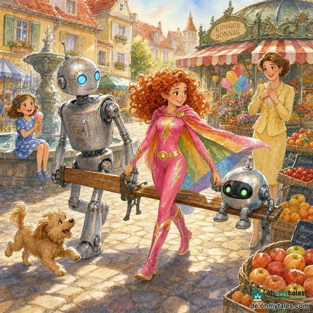 Super-Lilli, eine lächelnde mutige Frau mit rotgelocktem Haar, pinkem Kostüm mit goldenen Blitzen und Regenbogenumhang, führt zwei Roboter an der Hand zur Marktplatzmitte; ein großer silberner Roboter mit leicht oxidierten Metallflächen und blauen Lichtern trägt vorsichtig eine Holzbank rechts von ihr, ein kleiner runder polierter Roboter mit grünen Augen sitzt auf der Bank links und stabilisiert die Ladung; Mia, ein etwa 7-jähriges Mädchen in blau gepunktetem Kleid mit Erdbeereis, sitzt am Rand eines Brunnens hinten links und schaut bestaunt; die Bürgermeisterin Sonnig, etwa 40, in hellgelbem Kostüm mit erlöster Hand aufs Herz, steht rechts beim Marktstand; ein kleiner hellbrauner wuscheliger Hund bellt vorne neben der Bank; Marktplatz mit gelben Häusern und roten Dächern, unregelmäßigem Kopfsteinpflaster, bunten Obstständen und Ballons, alter Steinbrunnen in der Mitte, warmes Sonnenlicht und weiche Schatten; Hauptszene: triumphaler Rücktransport der Bank zur Marktplatzmitte, diagonale dynamische Komposition, freundliche Gesten, fröhliche kooperative Stimmung, lebhafte pastellige Aquarelltöne, weiße Glanzlichter auf Metallreflexen und den Blitzmotiven des Kostüms.