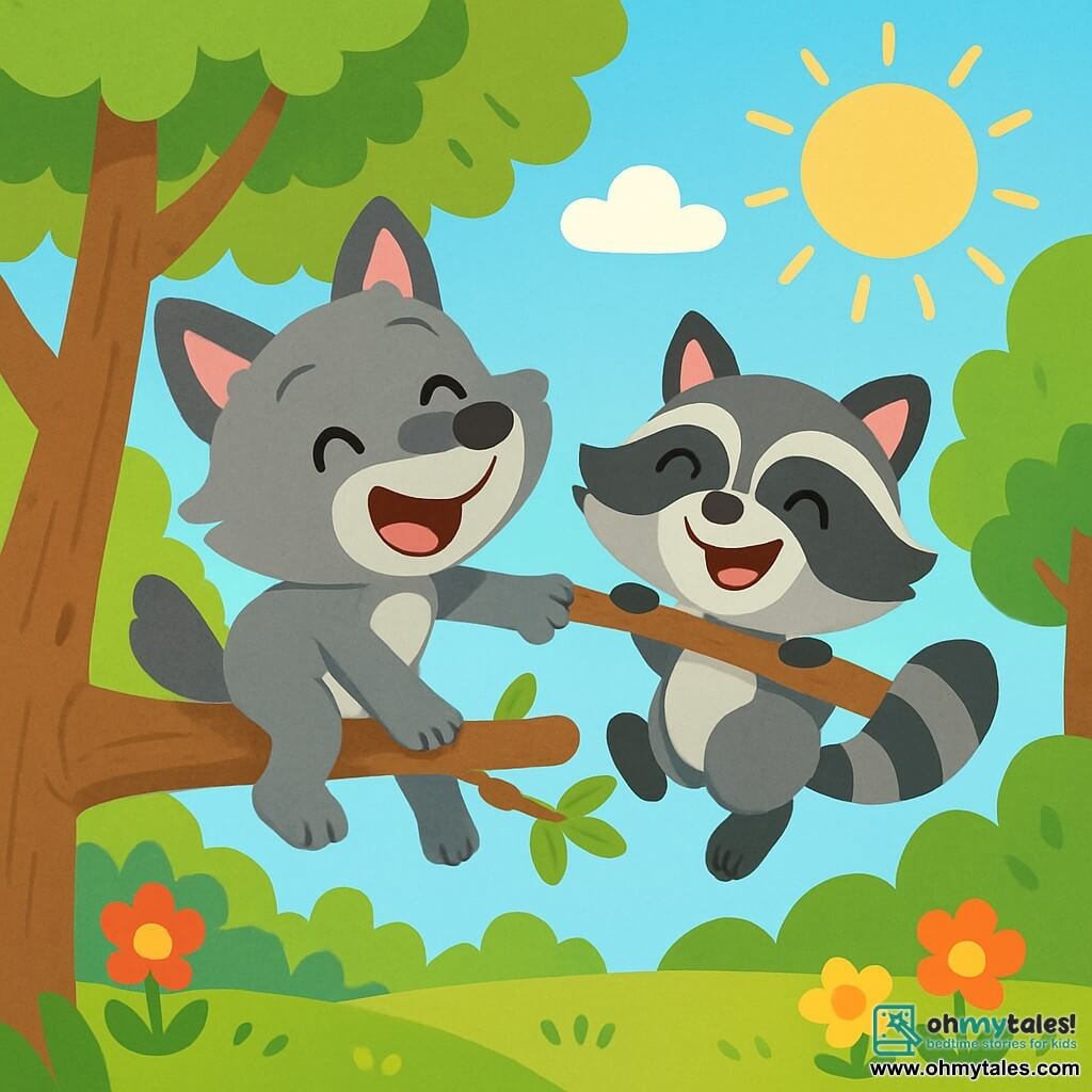 A small wolf named Leo, with soft gray fur and sparkling joyful eyes, climbs onto a tree branch, smiling widely and laughing. Next to him, a raccoon named Ricky, with striped black and gray fur and round curious eyes, swings joyfully, displaying a big smile. The setting is a sunny forest, with majestic green trees, colorful flowers, and a bright blue sky. Sunlight filters through the leaves, creating dancing shadows on the ground. The main scene shows Leo and Ricky playing together, laughing and having fun on the branch, celebrating their friendship in a moment of shared happiness.