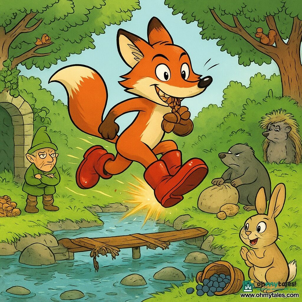 A sly red anthropomorphic fox (European type) with bright, mischievous eyes and a determined smile wears shiny magical red boots glowing softly and is leaping in an arc over a clear stream, holding a small pouch of nuts and acorns between his teeth; a tiny gnome named Bopple with a wrinkled face and olive-green pointed hat stands on the bank near an ivy-covered stone arch, arms crossed and watching with a slightly annoyed but proud look; a chubby mole (Mudge) with gray-brown fur, grumpy but focused, arranges bags of almonds and nudges squirrels toward the landing bank; a young pale rabbit (Pip) with perked ears applauds by an overturned basket of blueberries on the opposite shore; an elderly hedgehog (Old Thistle) with ruffled quills and a stern yet concerned expression supervises beside a hollow log stocked with provisions; the scene is a lively, humorous fantasy moment with mossy stones, a broken plank bridge with frayed ropes, leafy trees, piles of nuts and sacks, mischievous squirrels in the branches, exaggerated motion lines and sparkling light from the bouncing red boots.