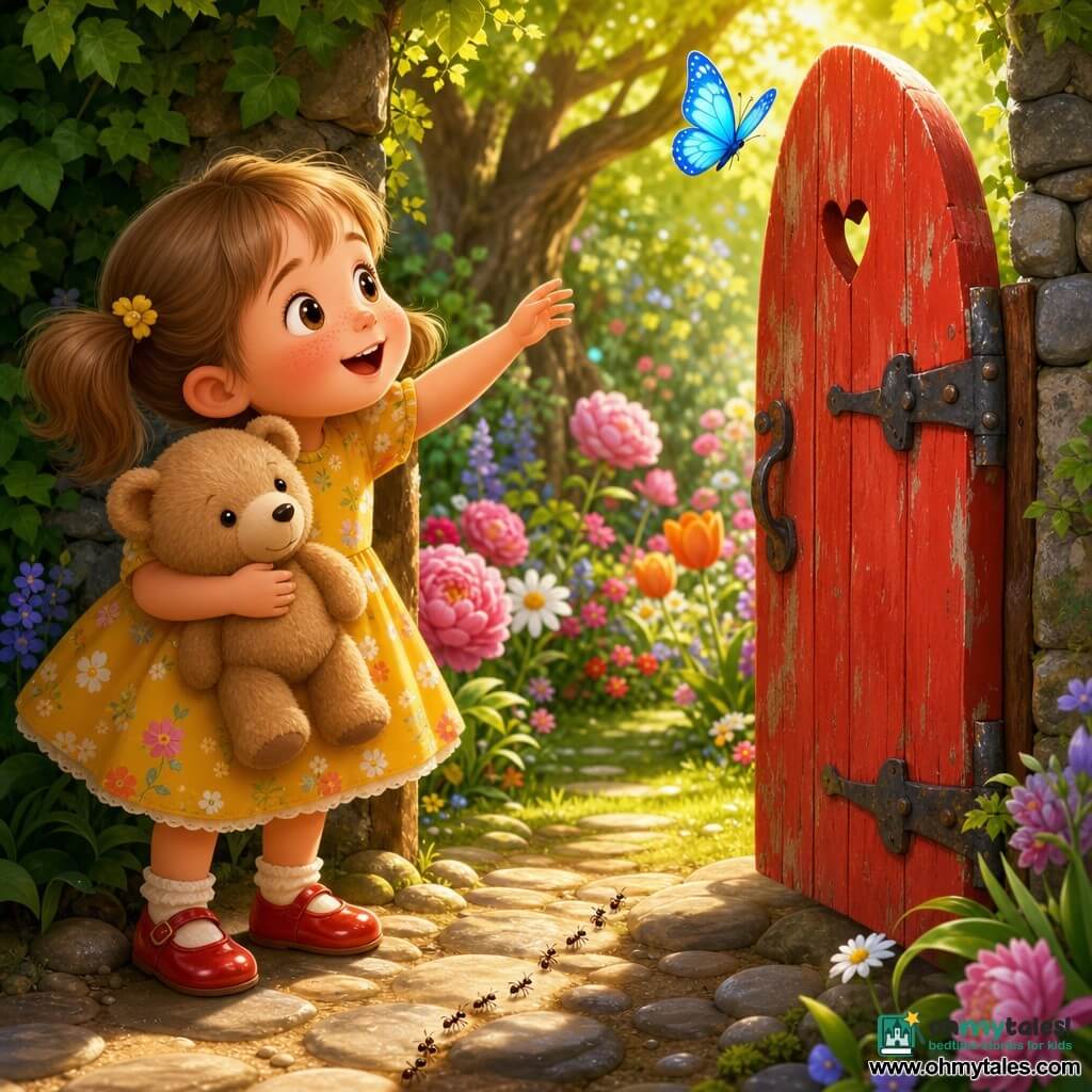 A 4-year-old girl with a round freckled face and light brown pigtails, smiling and amazed, reaches toward a small red wooden gate saying "please"; she wears a yellow floral dress, shiny red shoes, and holds a large beige teddy bear with black stitched eyes against her chest, both looking toward the gate. A bright blue butterfly with translucent wings hovers above the slightly ajar, chipped-red gate with wrought-iron hinges, revealing a secret garden of pink peonies, white daisies, orange tulips, green grass and golden light through a large oak. A path of small shiny pebbles leads from the gate to the girl, a line of ants adds a note of discovery. Mood: soft, luminous, vivid colors, rounded shapes and tactile textures inviting adventure.