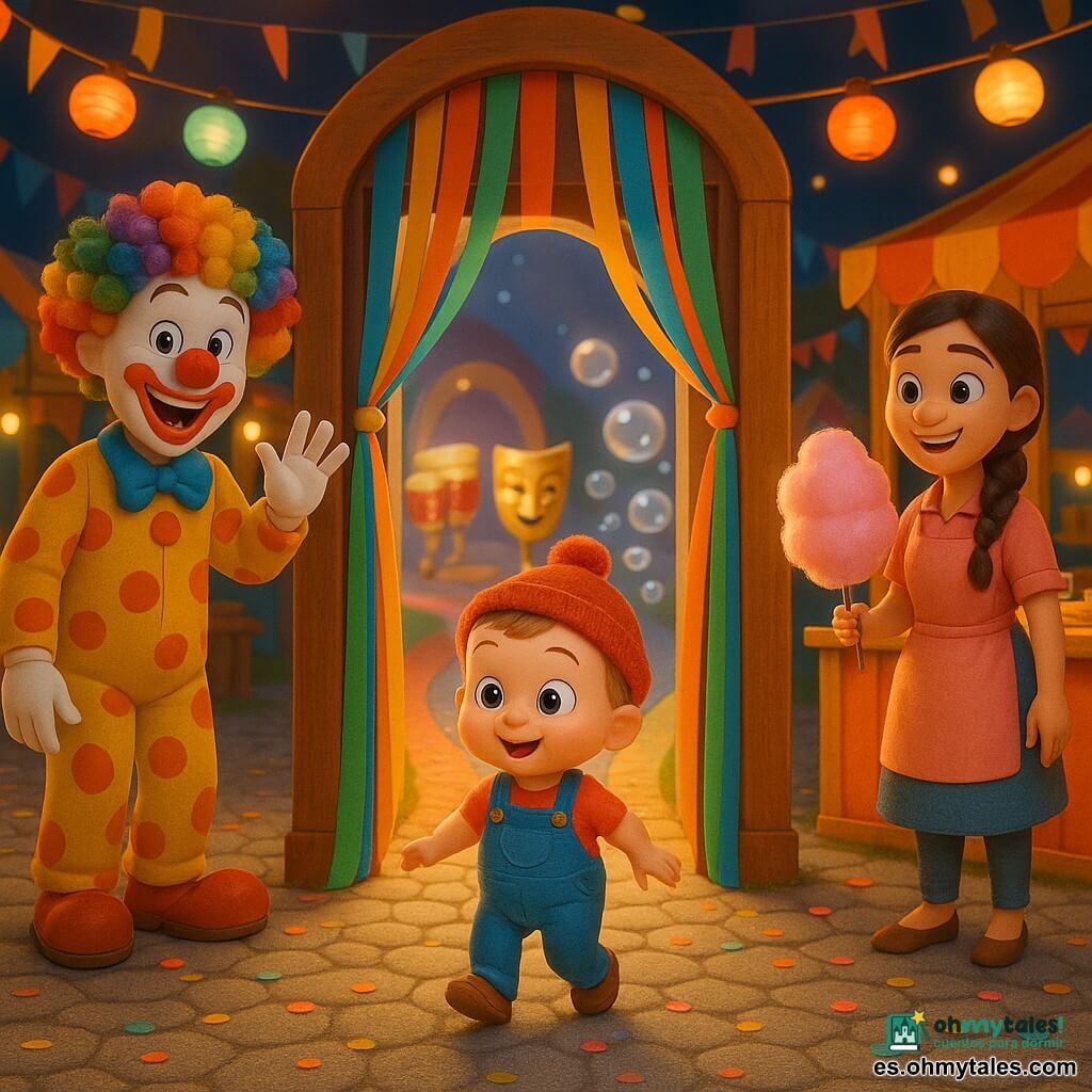 Un niño de 2 años, alegre y curioso, ojos grandes y brillantes, mejillas rosadas, cabello corto castaño claro, con un gorrito rojo con pompón y un peto azul, camina con pasos cortos hacia una gran puerta decorada con lazos; a la izquierda está un payaso adulto con rostro pintado de blanco y gran sonrisa roja, peluca rizada multicolor, saludando con la mano, y a la derecha una mujer vendedora de algodón de azúcar con el pelo largo trenzado, delantal rosa, sosteniendo un palo de algodón rosa junto a un puesto iluminado; la plaza del carnaval tiene losas redondas, guirnaldas de faroles rojos, amarillos y turquesa, banderolas, puestos de madera pintados y confeti en el suelo; el niño duda frente a la puerta y ve tres caminos distintos: uno de tambores rojos, otro de máscaras doradas y otro de burbujas brillantes — escena colorida, luminosa y llena de movimiento, centrada en el niño y la puerta.