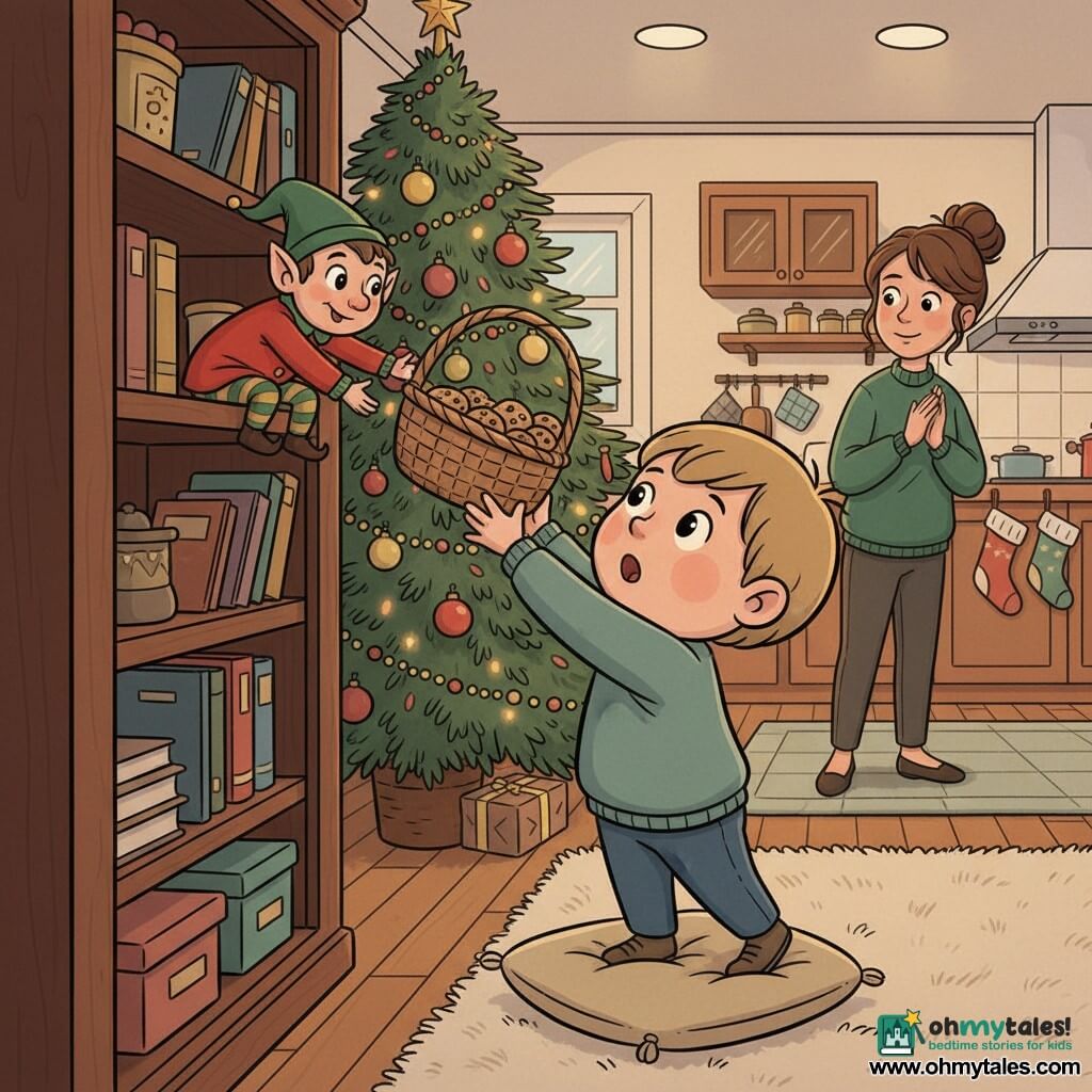 A 4-year-old boy with a round face, rosy cheeks and bowl-cut light brown hair stands on a beige cushion reaching for a wicker basket of cookies atop a dark wooden bookshelf while a mischievous small elf in a pointed green hat, red jacket and striped tights perches mid-shelf helping tip the basket; the boy looks brave and awed, a woman in her 30s with brown hair in a loose bun and a dark green sweater watches tenderly from the kitchen with hands clasped, and the warm living room is decorated for Christmas with a tree, red and gold baubles, twinkling garlands, stockings on the mantel and cream rug, bathed in golden garland light for a joyful, safe holiday atmosphere.