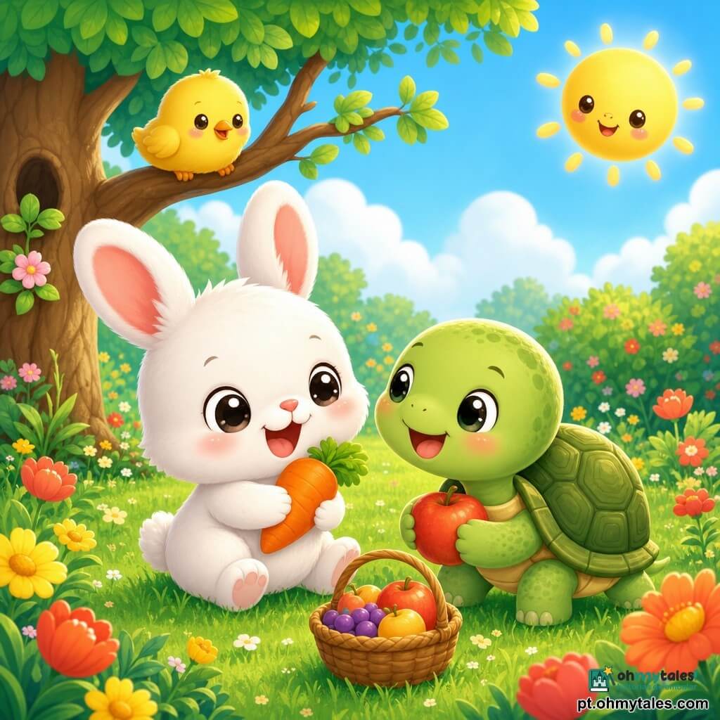Um pequeno coelhinho chibi branco, olhos redondos e brilhantes, pelagem fofinha, postura saltitante, sorrindo e segurando uma cenoura laranja; uma tartaruguinha chibi verde, carapaça arredondada com padrões suaves, expressão calma e sorridente, andando lentamente ao lado do coelho e olhando com carinho; um passarinho amarelo pousado num galho baixo, asas recolhidas, cantando suavemente e curioso; jardim de verão colorido com grama verde, flores amarelas e vermelhas, uma grande árvore sombreada à esquerda e céu azul claro com sol amarelo no canto superior direito; cena principal de brincadeira na grama onde coelho e tartaruga esperam pacientemente, riem e compartilham frutas, atmosfera doce, luminosa e serena; estilo visual em cores pastel vivas, contornos limpos e arredondados, texturas simples e muito fofas, composição centrada e legível para crianças pequenas