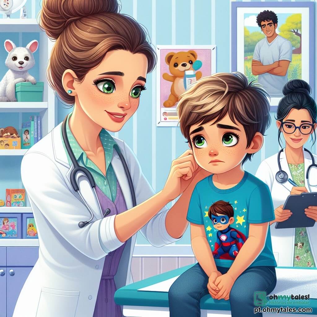 A cena mostra a Dra. Clara, uma mulher na casa dos trinta anos, com cabelos castanho claros em um coque bagunçado e olhos verdes que transmitem empatia. Ela está examinando um menino, Miguel, de cerca de 8 anos, com um rosto preocupado e bochechas vermelhas. Miguel está sentado em uma mesa de exame, vestindo uma camiseta azul com um desenho de super-herói, com as mãos apertadas em seus joelhos. Ao lado deles, a enfermeira Lúcia, uma mulher na casa dos quarenta anos com cabelos negros e óculos, faz anotações em um tablet, pronta para ajudar. Ela sorri para tranquilizar Miguel e observa a consulta. O ambiente é um consultório médico iluminado e acolhedor, com cartazes coloridos nas paredes representando animais e dicas de saúde para crianças. Uma estante cheia de brinquedos e livros está em um canto, criando uma atmosfera amigável. A Dra. Clara, concentrada e atenciosa, faz perguntas a Miguel sobre suas dores de barriga, enquanto Lúcia, com um sorriso encorajador, aguarda para intervir se necessário. A atmosfera é séria e tranquilizadora, refletindo o compromisso de Clara em ajudar seus jovens pacientes.