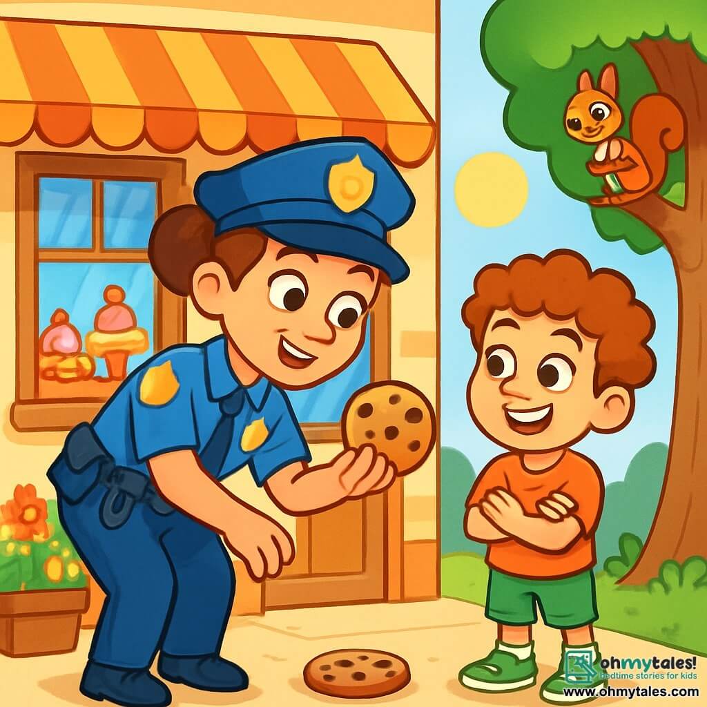 A smiling police officer, Officer Bella, is a woman with brown hair styled in a bun and sparkling curious eyes. She wears a bright blue uniform, a belt with police accessories, and a shiny badge on her chest. She leans slightly forward, holding a cookie in her hand, with a satisfied expression on her face. Next to her, a small boy named Timmy, about 8 years old, has curly hair and wears squeaky green sneakers. He looks in wonder at the cookie, his eyes wide with joy. He stands right beside Bella, arms crossed, displaying a big smile. The scene takes place in front of a cozy bakery, with wooden windows and checkered curtains. Colorful cakes and cookies are displayed on the counter, while colorful flowers decorate the entrance. The sun shines, illuminating the scene with a golden light. The main situation shows Officer Bella and Timmy discovering a cookie that has fallen on the ground, after spotting a mischievous little squirrel watching them from a tree. The atmosphere is joyful and full of excitement, with details of the bakery in the background, creating a moment of camaraderie and adventure.