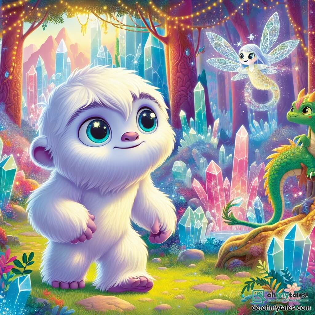 Ein junger Yeti mit weichem, weißem Fell und neugierigen, glänzenden Augen steht im Mittelpunkt der Szene und zeigt einen Ausdruck von Entschlossenheit und Staunen. Er erkundet den Glitzerwald, umgeben von funkelnden Kristallen, die das Licht in Rosatönen, Blau und Gold reflektieren. An seiner Seite fliegt ein kleines Rehkitz mit zarten, silbernen Flügeln und strahlenden Augen fröhlich um ihn herum, was der Atmosphäre einen Hauch von Magie verleiht. Ein kleiner smaragdgrüner Drache mit goldenen Schuppen und einem schelmischen Lächeln steht etwas im Hintergrund, bereit, sie auf ihrem Abenteuer zu begleiten. 

Der Ort ist ein wunderschöner verzauberter Wald, in dem kristallene Bäume majestätisch emporragen, deren Äste im Sonnenuntergang wie Diamanten funkeln. Lichter tanzen in der Luft und schaffen eine märchenhafte Stimmung. 

Die Hauptsituation zeigt den Yeti, das Rehkitz und den Drachen vor einem großen Steintor, das mit alten Symbolen verziert ist und sich langsam öffnet, um eine Welt aus Licht und Magie dahinter zu enthüllen. Sie sind bereit, in das Heiligtum der Freundschaft einzutreten, erfüllt von Aufregung und Neugier.