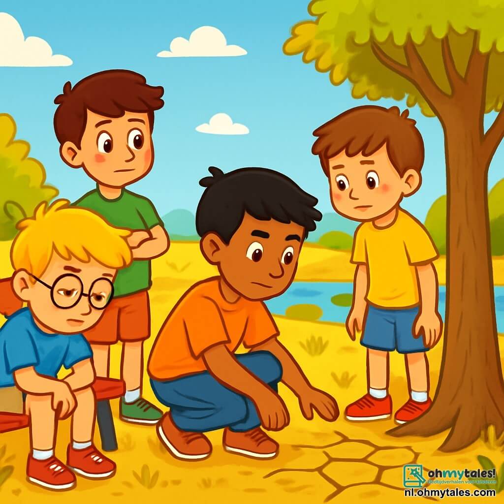 Er zijn 4 kinderen: - Luuk: een 10-jarig jongen met messy blond haar en ronde brillen. Hij draagt een blauwe t-shirt en een beige short. Hij zit op een bank en kijkt peinzend naar de grond. - Sam: een 9-jarig jongen met bruin haar en sprankelende ogen. Hij draagt een felgroene t-shirt en een rode short. Hij staat naast Luuk met zijn armen gekruist en een nieuwsgierige glimlach. - Amir: een 10-jarig jongen met zwart haar en een licht gebruinde huid. Hij draagt een oranje t-shirt en een spijkerbroek. Hij hurkt bij een boom en raakt de schors geïnteresseerd aan. - Daan: een 9-jarig jongen met kastanjebruin haar en sproeten op zijn gezicht. Hij draagt een gele t-shirt en een blauwe short. Hij staat achter Amir en kijkt naar de droge grond. De situatie speelt zich af in een park in de zomer, met een stralende blauwe lucht en een heldere zon. De grond is bedekt met geel en droog gras, en de bloemen zijn verwelkt. In de verte is een klein water zichtbaar, maar het is erg laag, waardoor rotsen en algen zichtbaar zijn. Bomen met lichtgeel blad omringen het park. De hoofdscène toont de kinderen die samen nadenken over hoe ze de natuur kunnen helpen. Ze bespreken serieus, met vastberaden uitdrukkingen op hun gezichten, terwijl ze hun omgeving observeren.