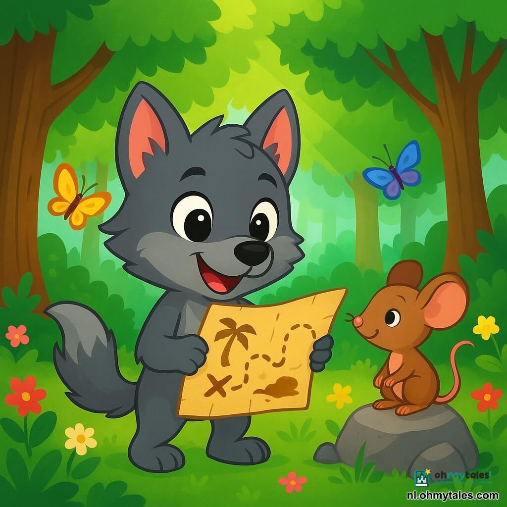 Een kleine wolf met grijze, zijdeachtige vacht en nieuwsgierige, glanzende ogen staat in het midden van de scène, met een oude schatkaart tussen zijn poten. Zijn uitdrukking is zowel opgewonden als vastberaden, terwijl hij met een grote glimlach om zich heen kijkt. Naast hem observeert een kleine muis met een bruine vacht en grote oren, met een ondeugende blik, de kaart met verwondering. Ze zit op een steen, klaar om haar vriend te helpen in dit avontuur. De achtergrond is een prachtig groen bos, vol majestueuze bomen met stralend groene bladeren, kleurrijke bloemen die tussen de wortels groeien, en een zachte zonnestraal die door het loof filtert. Vlinders dansen om hen heen en voegen een vleugje magie toe aan de omgeving. De hoofdsetting toont Lupo en zijn kleine muisvriendin, gefascineerd door de schatkaart, klaar om op zoek te gaan naar een mysterieuze schuilplaats, omringd door de schoonheid van de natuur.