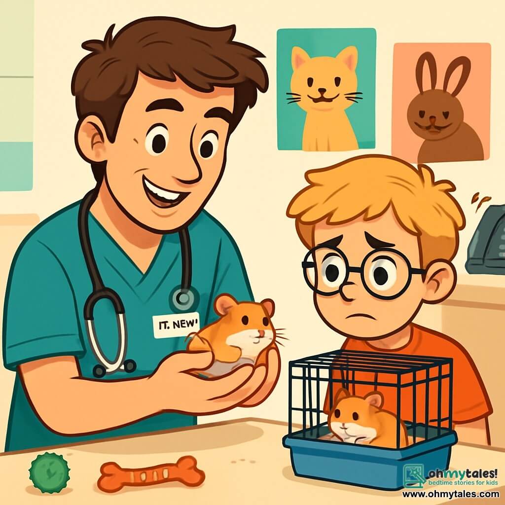 A smiling and warm male veterinarian, Dr. Nate, is wearing teal scrubs and has a stethoscope around his neck. His slightly tousled brown hair and sparkling eyes reflect enthusiasm as he examines a hamster in his hands. Next to him, an 8-year-old boy named Sam, with messy blonde hair and round glasses, looks worriedly at his hamster, Whiskers, who is nestled in a small cage. They are in a bright veterinary clinic, decorated with colorful animal posters and scattered pet toys. The main scene shows Dr. Nate reassuring Sam, explaining how to care for Whiskers, while a phone rings in the background, adding a sense of urgency to the atmosphere.