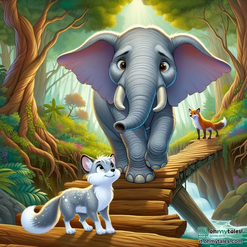 Un elefante maestoso di nome Elio, con la pelle grigia e grandi orecchie che fluttuano come vele, si trova sul bordo di un dirupo, con uno sguardo determinato e curioso. Avanza con cautela su un vecchio ponte di legno, le sue grandi zampe toccano delicatamente le tavole usurate, mentre un sorriso sicuro illumina il suo volto. Accanto a lui, una giovane volpe argentata di nome Luna, con un pelo brillante e occhi vivaci d'intelligenza, lo incoraggia con un'espressione amichevole, saltellando sul lato del ponte. Sullo sfondo, una foresta fitta e incantata si estende a perdita d'occhio, con alberi giganteschi dai tronchi contorti e foglie di un verde brillante, mentre raggi di sole filtrano tra il fogliame, creando un'atmosfera magica e luminosa. La scena principale mostra Elio, l'elefante coraggioso, che attraversa il ponte instabile per superare la sua paura, mentre Luna lo osserva con ammirazione, pronta a sostenerlo in questa prova.
