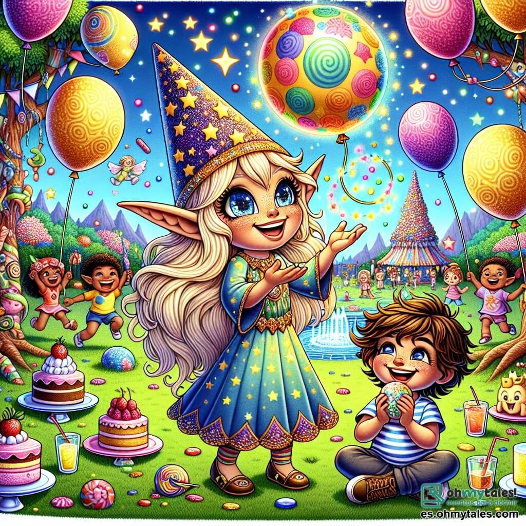 En el centro de la imagen, un duende alegre llamado Lulú, con grandes orejas puntiagudas y ojos chispeantes de travesura, lleva un sombrero estrellado y una sonrisa radiante. Está haciendo malabares con globos coloridos que flotan a su alrededor, desprendiendo una aura de magia y felicidad. A su derecha, un niño de 8 años llamado Tomás, con el cabello castaño alborotado y una camiseta a rayas, ríe a carcajadas mientras intenta atrapar un globo que se escapa. Está sentado en la hierba verde, rodeado de pasteles y limonada, y su mirada está llena de asombro. Al fondo, un parque de ensueño con árboles de caramelos, flores cantantes y un cielo azul salpicado de nubes en forma de algodón de azúcar. Niños de todas las edades juegan alegremente, creando una atmósfera festiva y colorida. La escena principal muestra a Lulú y Tomás en plena fiesta, rodeados de niños que se divierten, con confeti flotando en el aire y risas resonando, ilustrando un momento de alegría y amistad mágica.