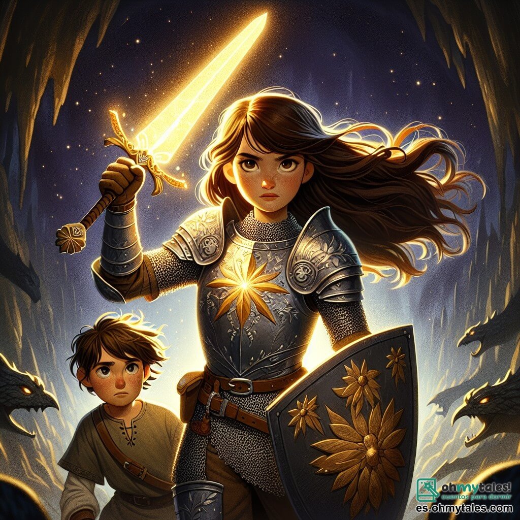 En el centro de la imagen, Elaria, una valiente caballera, se mantiene orgullosa. Lleva una brillante armadura que brilla bajo la luz, con detalles en plata y motivos florales. Su largo cabello castaño ondea al viento, y su rostro expresa una determinación llena de esperanza. Empuña su magnífica espada, la "Luz del Amanecer", que emite un resplandor dorado, lista para enfrentar el peligro. A su lado, Tomas, su fiel escudero, un niño de unos 12 años, observa con admiración. Tiene el cabello castaño desordenado y lleva una túnica sencilla. Su mirada está llena de preocupación, pero también de orgullo, mientras sostiene firmemente un escudo de madera. El escenario es una vasta caverna oscura, con paredes de piedra rugosa y sombras amenazantes que bailan a su alrededor. Al fondo, un orbe de luz brilla intensamente, iluminando la escena con un resplandor cálido, contrastando con la oscuridad circundante. La situación principal muestra a Elaria, lista para enfrentar al Draco Sombrío, una criatura masiva y amenazante, cuyas escamas negras y ojos ardientes se destacan en la sombra. La tensión es palpable mientras se prepara para defender su reino con valentía.