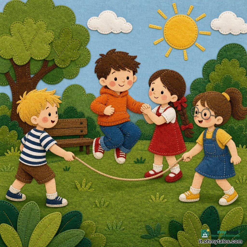 Quattro bambini di circa 6 anni: Luca, bimbo dai capelli castani corti e volto rotondo con guance rosa, al centro che salta e con una mano tesa verso di lui; Giulia, bambina dai lunghi capelli intrecciati con nastro rosso e pelle chiara, alla sua destra che gli tiene la mano rassicurante; Tommaso, bimbo dai capelli biondi spettinati con maglietta a righe, a sinistra che fa girare la corda con postura dinamica; Sara, bambina con capelli castani raccolti in coda e occhiali rotondi, dietro Giulia che tiene l’altra estremità della corda sorridendo e incoraggiando. Ambientazione: parco soleggiato con erba verde testurizzata, grandi foglie in applicazione, panchina di legno sullo sfondo, cielo azzurro con sole giallo in feltro e qualche nuvola di cotone. Situazione: scena calorosa e rassicurante con gesti di sostegno, movimenti semplici e gioiosi, colori vivaci e contrastati, contorni netti e texture di stoffa visibili per effetto applicato cucito.