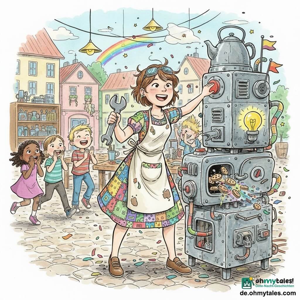 Leni, etwa 18-jährige erfinderische Frau mit rundem, lachendem Gesicht, kurzen braunen Haaren und Schutzbrille auf der Stirn, bunter Patchwork‑Kleidung und ölverschmiertem Schürze, hält einen großen Schraubenschlüssel und drückt einen roten Knopf an ihrem handgebauten Erfindungsautomaten; daneben Max, etwa 12, blonde strubbelige Haare, gestreiftes Shirt und Latzhose, lacht und klatscht, links drei zuschauende Kinder (zwei Mädchen, ein Junge, 7–10 Jahre) mit erstaunten Gesichtern; Außenwerkstatt auf dem Dorfplatz mit Holztischen, Werkzeugregalen und pastellfarbenen Häusern, gepflastertem Boden, Konfetti und Farbspritzern; der Retro‑Metallautomat mit sichtbaren Zahnrädern, bunten Rohren, blinkender Glühbirne und aus einer Klappe herausfliegenden Keksen und Konfetti, sanfter Dampf und schokoladenartige Sternchen in der Luft, fröhliche, bewegte Szene in weicher Pastellpalette mit kräftigen Akzenten.