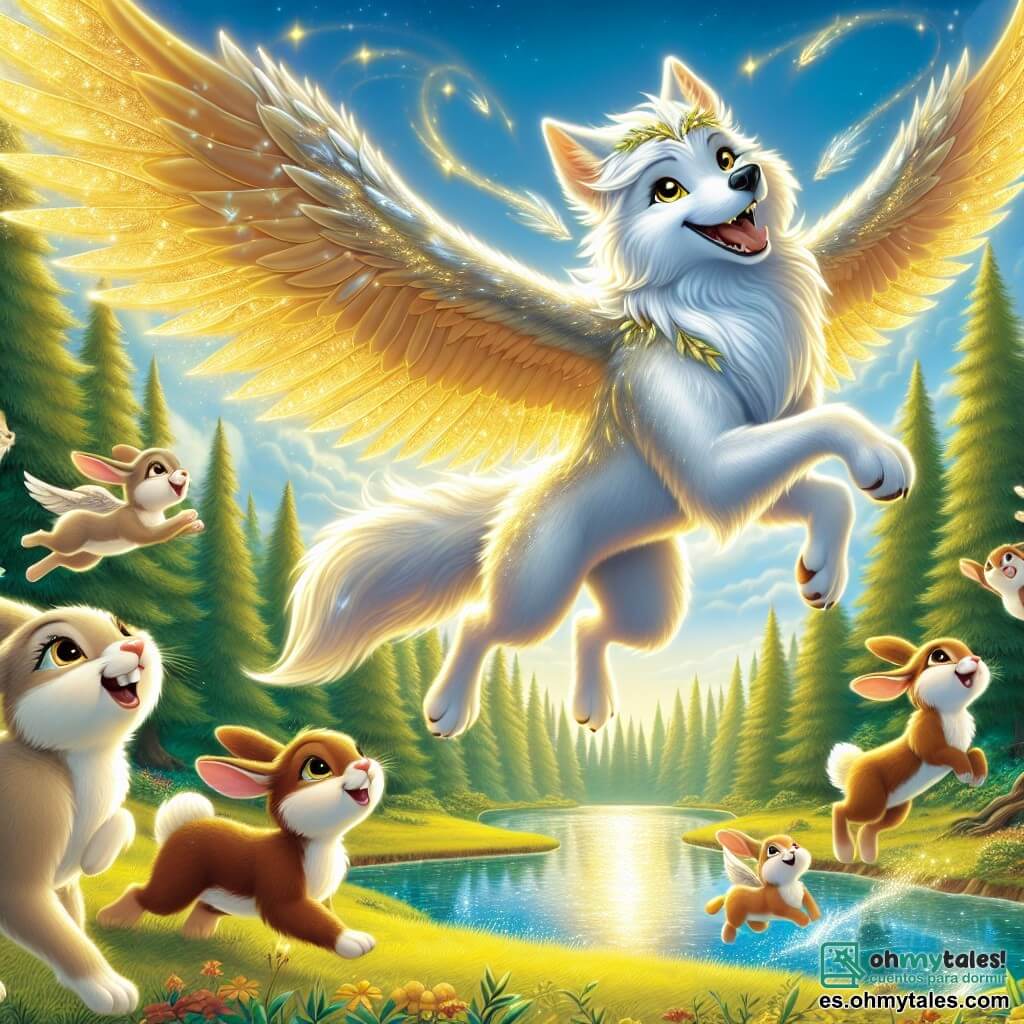 En una clara encantada, un majestuoso lobo llamado Luno, con un pelaje plateado brillante y ojos amarillos llenos de curiosidad, se eleva en el aire con alas doradas, mostrando una sonrisa alegre y maravillada. A su lado, una familia de pequeños conejos de pelaje suave y marrón, con ojos redondos y brillantes, saltan de alegría, mirando a Luno con admiración, mientras la madre conejo, de pelaje crema, los anima a volar con él. El lugar es una hermosa clara bañada de luz dorada, rodeada de grandes árboles de hojas verdes brillantes, con un lago centelleante en el centro, donde el reflejo del cielo azul y las nubes blancas bailan sobre el agua. La escena principal muestra a Luno, el lobo volador, surcando graciosamente sobre los conejos, que se lanzan alegremente al aire, creando una imagen llena de felicidad y aventura, simbolizando la amistad y la libertad.