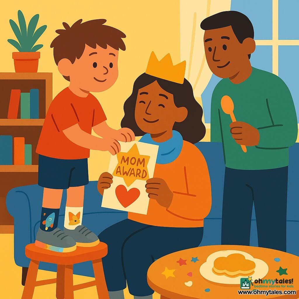 A proud, focused 6-year-old boy with a round face and messy hair, wearing mismatched socks (one with rockets, one with cats) and light-up sneakers, stands on a small chair by a low table and carefully sticks a gold "MOM AWARD" sticker onto a handmade card; a woman in her 30s–40s sits on a blue sofa with a soft blue scarf, smiling tearfully and wearing a slightly tilted gold cardboard crown as she receives the card; a man in his 30s–40s stands beside the boy, holding a wooden spoon like a microphone and a small butterfly stamp, reaching out to help; warm, bright living room with light wood coffee table, potted plants and colorful books on a shelf, scattered stickers and glitter, a cloud-shaped pancake plate on the table, morning light through a sheer curtain; intimate, joyful Mother's Day award ceremony with simple shapes, bold color blocks, clear silhouettes, and a composition centered on the boy placing the sticker and the moved mother.