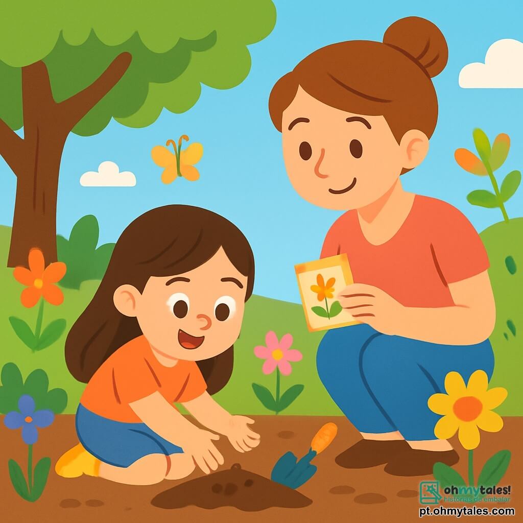 Uma menina de 4 anos, Sofia, com longos cabelos castanhos e olhos brilhantes de alegria, está agachada em um jardim ensolarado, sorridente e cheia de entusiasmo, plantando sementes de flores amarelas na terra marrom. Ao lado dela, sua mãe, uma mulher de cerca de trinta anos com cabelos castanhos presos em um coque, a observa com orgulho, segurando um pequeno pacote de sementes na mão. O jardim está repleto de flores coloridas, borboletas voando e uma grande árvore sombreada, criando uma atmosfera mágica e alegre. Sofia e sua mãe estão cercadas de terra e pequenos utensílios de jardinagem, compartilhando um momento de felicidade e cumplicidade na natureza.